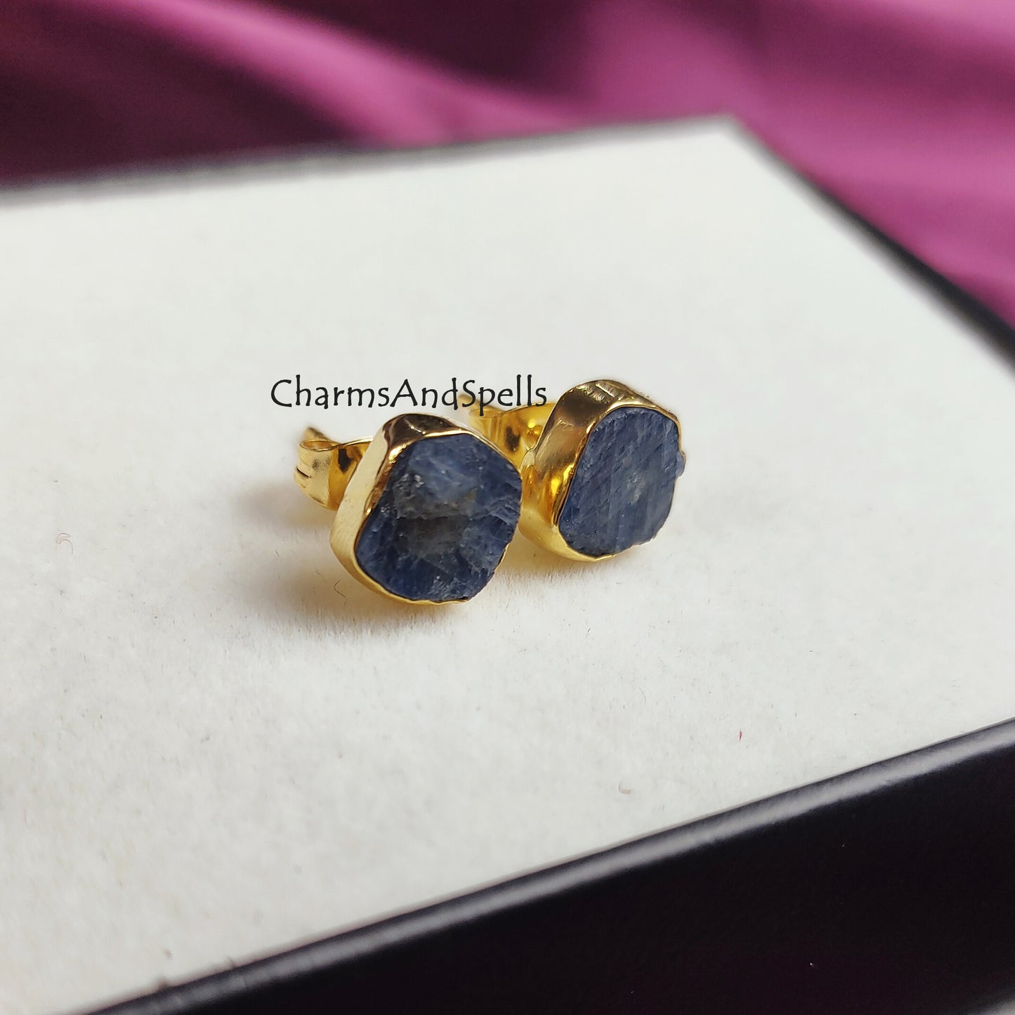 Dainty Raw Sapphire Earrings, Gold Plated Delicate Earrings, September Birthstone, Minimalist Gift for Women, Stud Earrings,Sapphire Jewelry