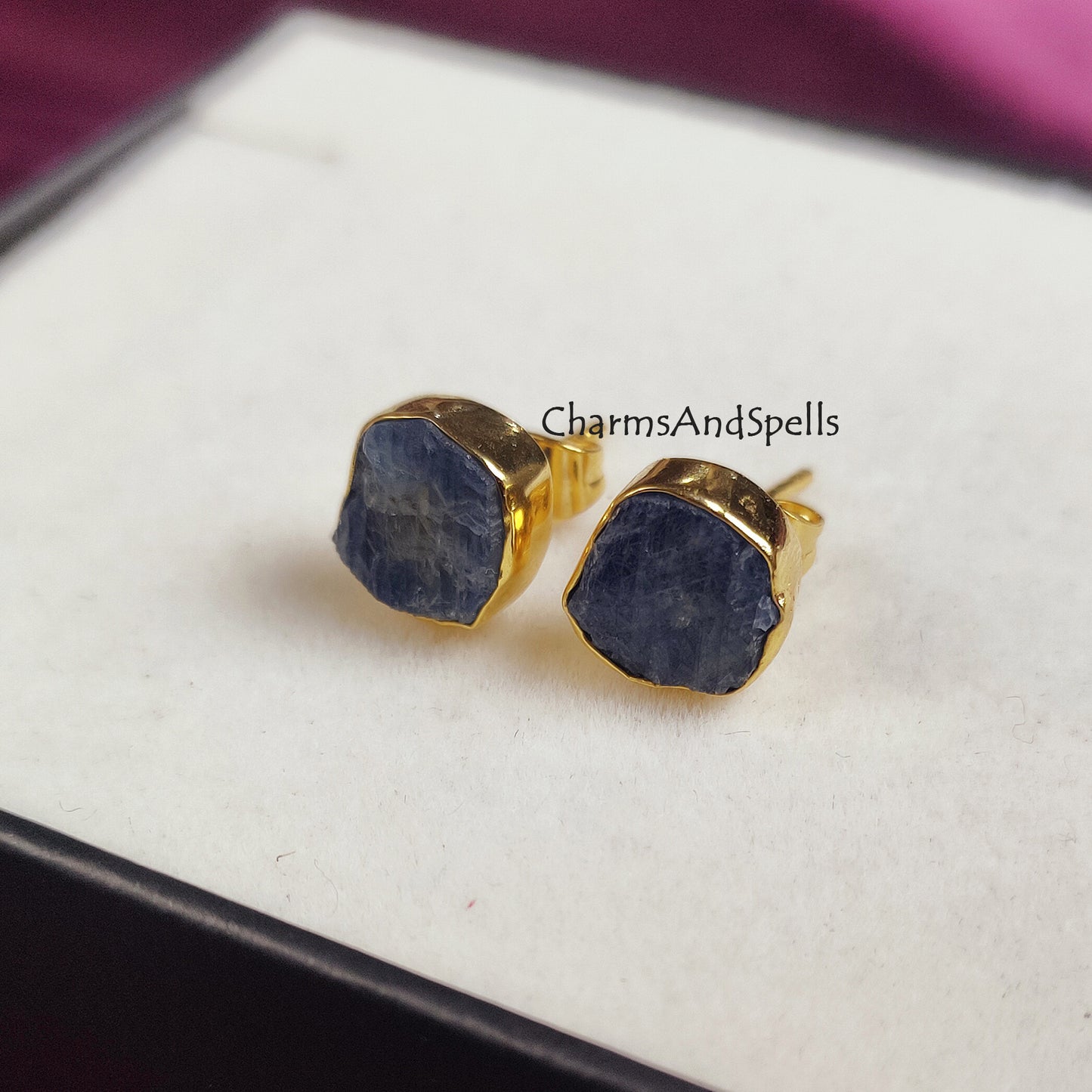 Dainty Raw Sapphire Earrings, Gold Plated Delicate Earrings, September Birthstone, Minimalist Gift for Women, Stud Earrings,Sapphire Jewelry