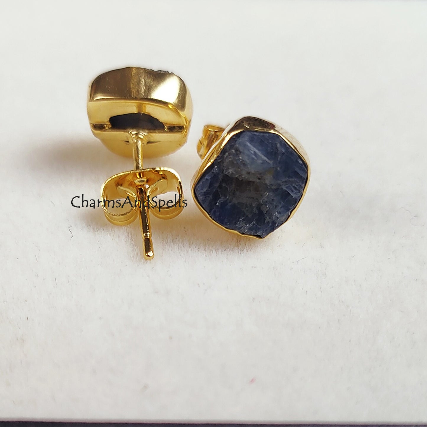 Dainty Raw Sapphire Earrings, Gold Plated Delicate Earrings, September Birthstone, Minimalist Gift for Women, Stud Earrings,Sapphire Jewelry