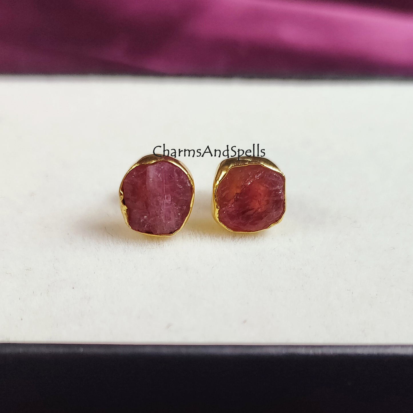 Raw Ruby Studs, Ruby Stud Earrings, 14K Gold Plated Boho Style Earrings, Real Ruby, Geometric, July Birthstone Studs, Birthday Gift, Gift