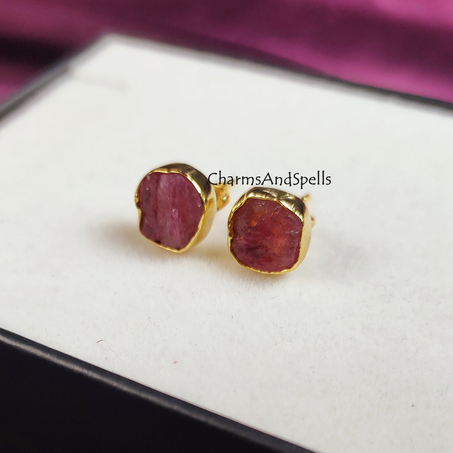 Raw Ruby Studs, Ruby Stud Earrings, 14K Gold Plated Boho Style Earrings, Real Ruby, Geometric, July Birthstone Studs, Birthday Gift, Gift