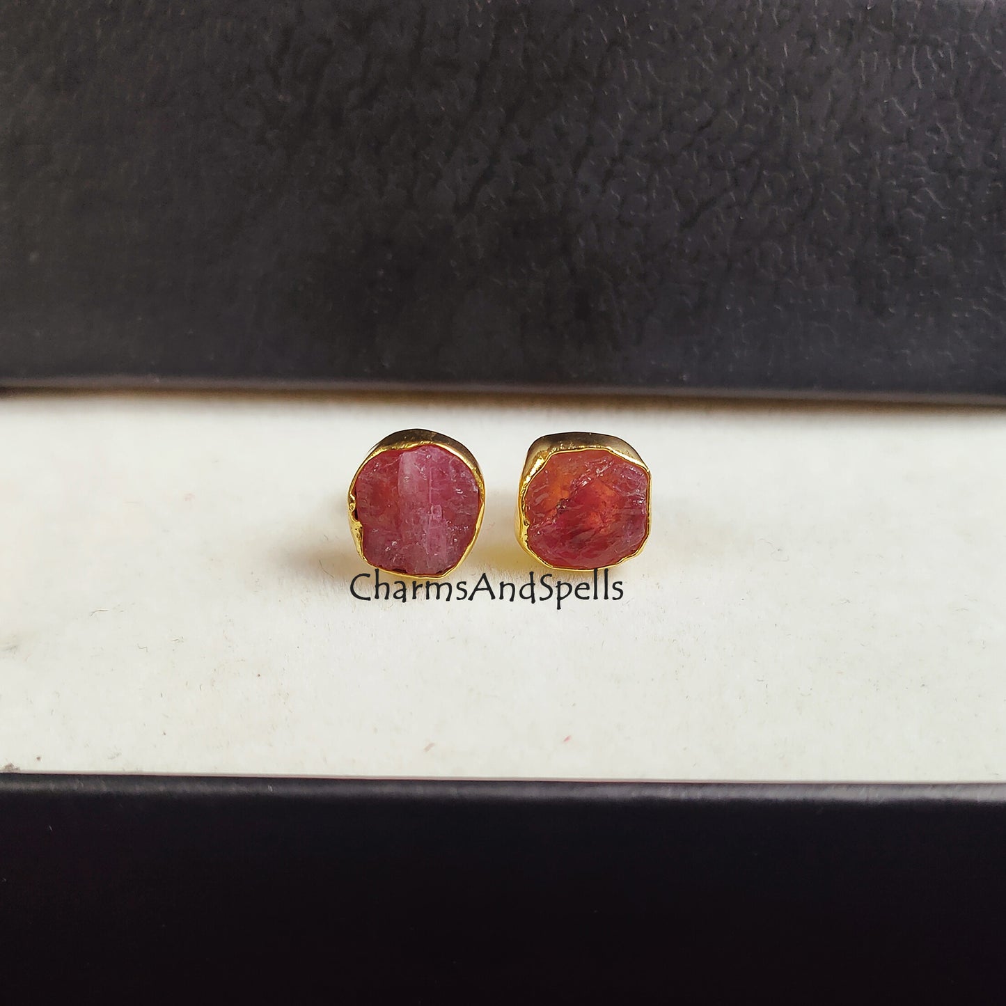 Raw Ruby Studs, Ruby Stud Earrings, 14K Gold Plated Boho Style Earrings, Real Ruby, Geometric, July Birthstone Studs, Birthday Gift, Gift