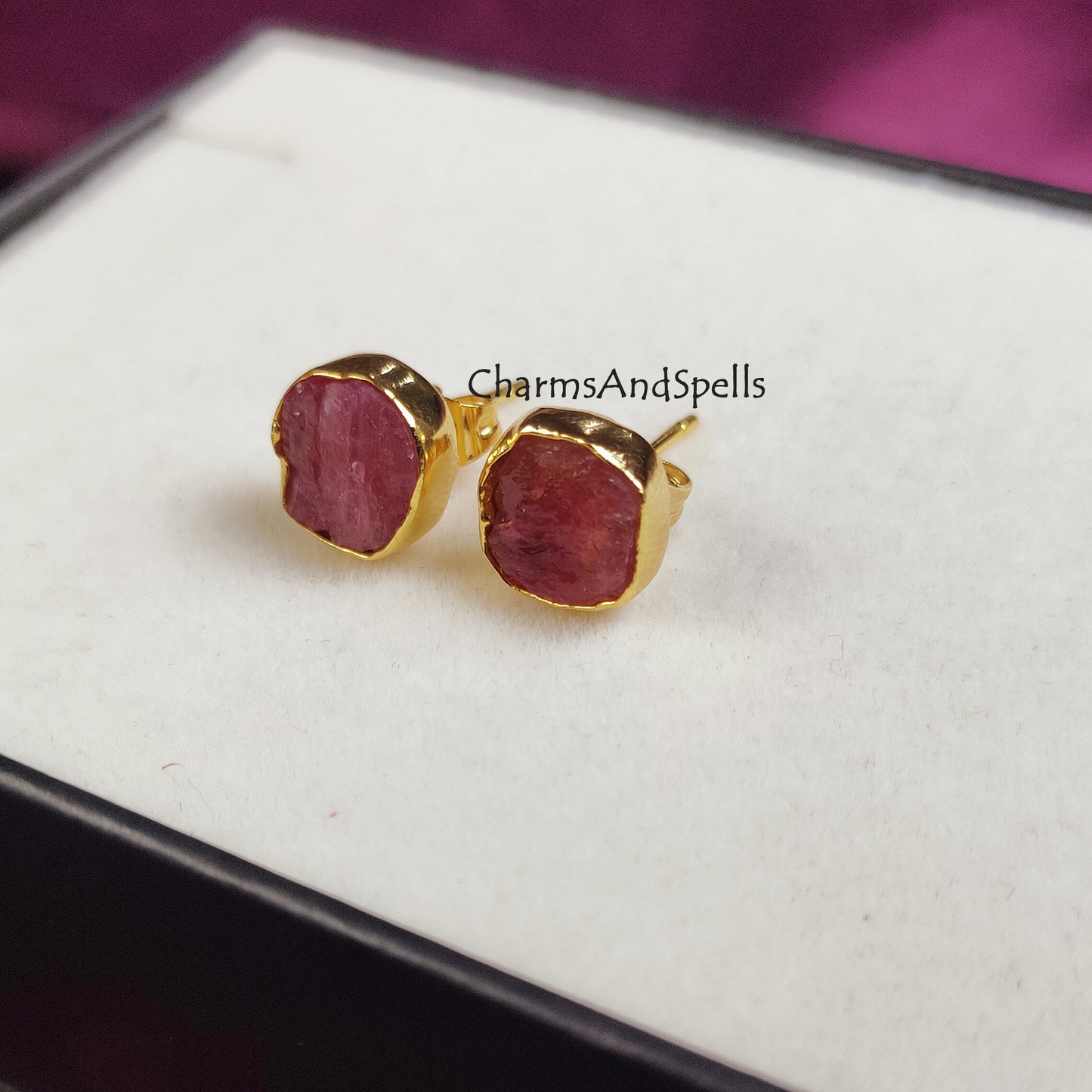 Raw Ruby Studs, Ruby Stud Earrings, 14K Gold Plated Boho Style Earrings, Real Ruby, Geometric, July Birthstone Studs, Birthday Gift, Gift