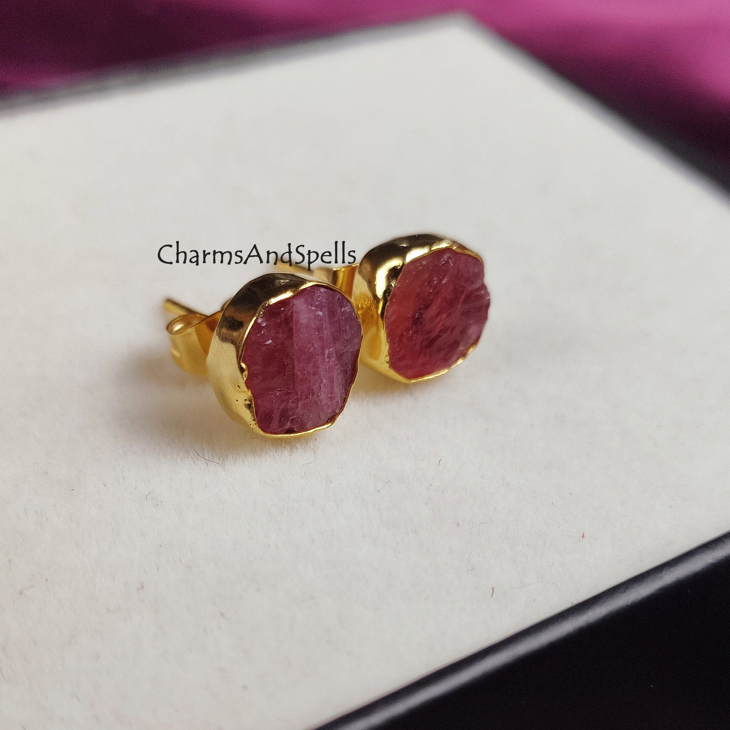 Raw Ruby Studs, Ruby Stud Earrings, 14K Gold Plated Boho Style Earrings, Real Ruby, Geometric, July Birthstone Studs, Birthday Gift, Gift