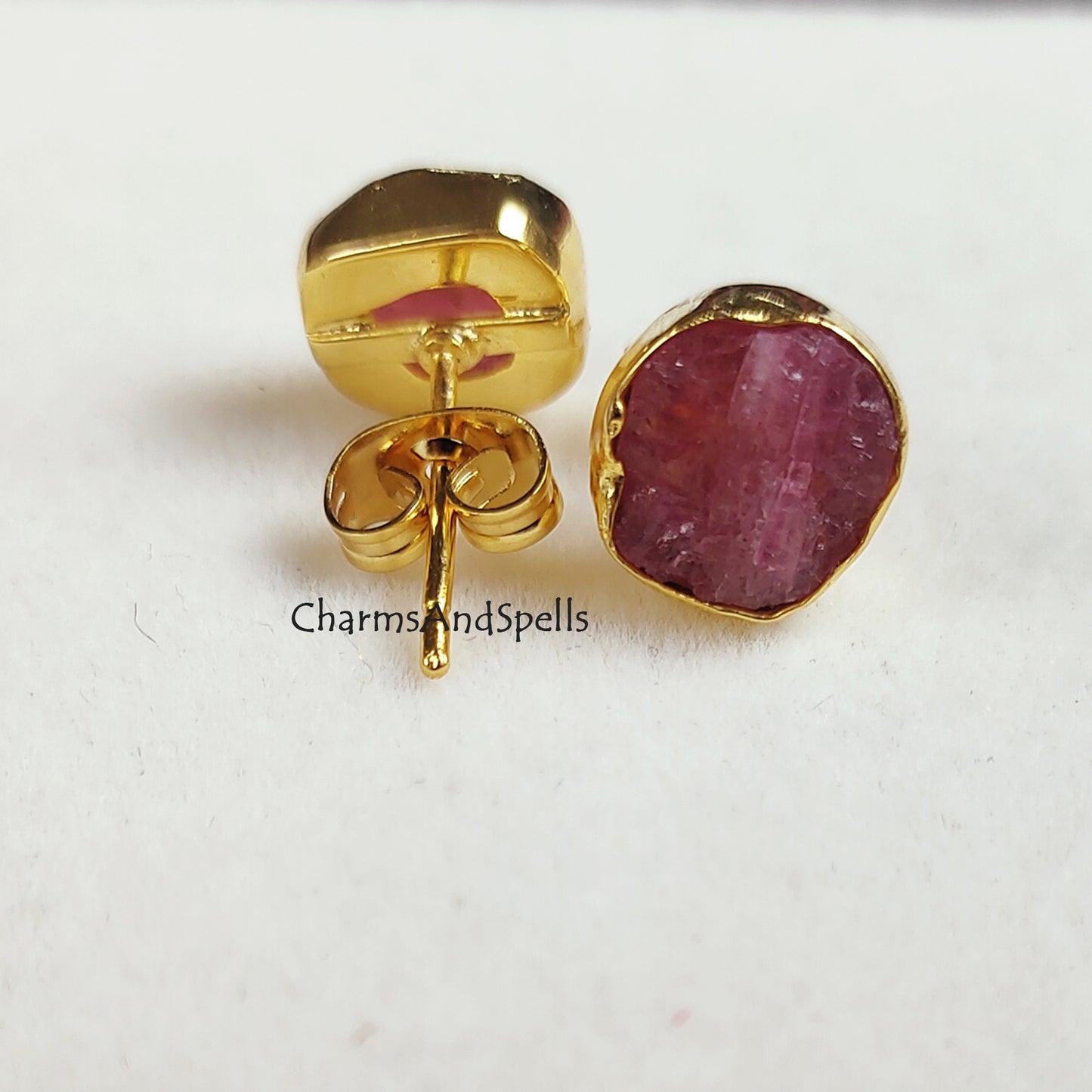 Raw Ruby Studs, Ruby Stud Earrings, 14K Gold Plated Boho Style Earrings, Real Ruby, Geometric, July Birthstone Studs, Birthday Gift, Gift