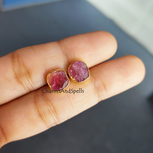 Raw Ruby Studs, Ruby Stud Earrings, 14K Gold Plated Boho Style Earrings, Real Ruby, Geometric, July Birthstone Studs, Birthday Gift, Gift