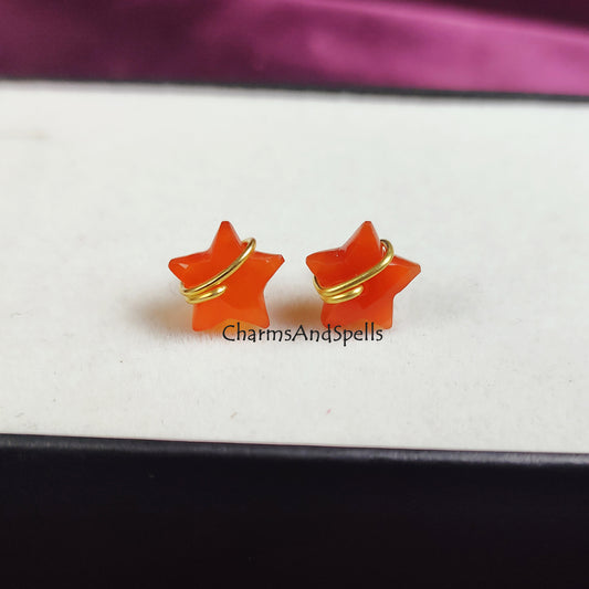 Natural Carnelian Stud, Star Stud Earring, Wire Wrap Carnelian Earrings, Star Shape Earrings, 14K Gold Plated, Orange Studs, July Birthstone