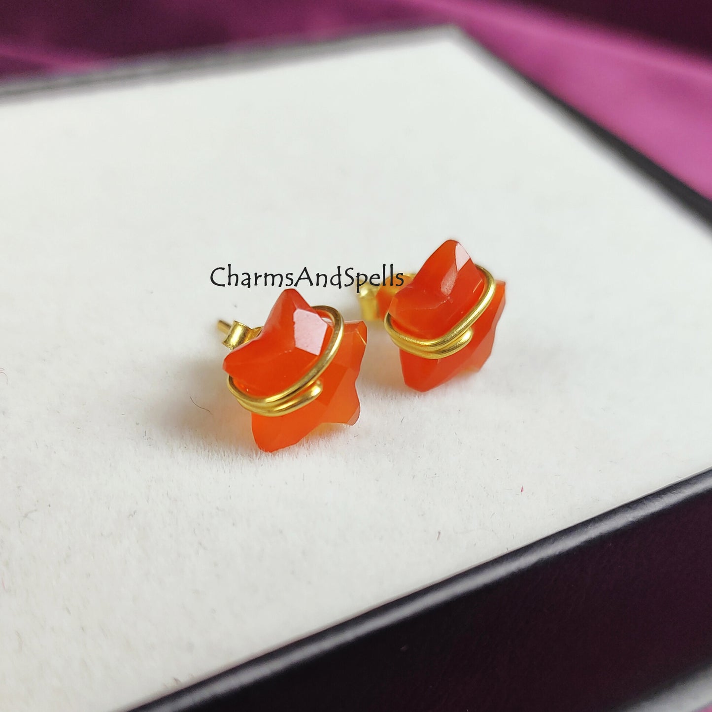 Natural Carnelian Stud, Star Stud Earring, Wire Wrap Carnelian Earrings, Star Shape Earrings, 14K Gold Plated, Orange Studs, July Birthstone