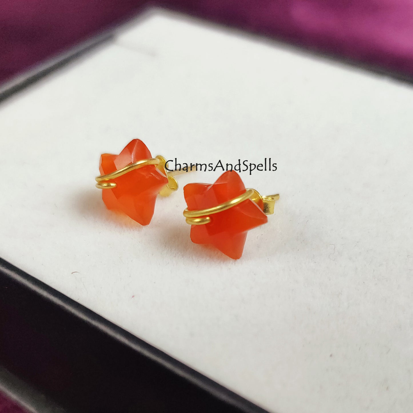 Natural Carnelian Stud, Star Stud Earring, Wire Wrap Carnelian Earrings, Star Shape Earrings, 14K Gold Plated, Orange Studs, July Birthstone