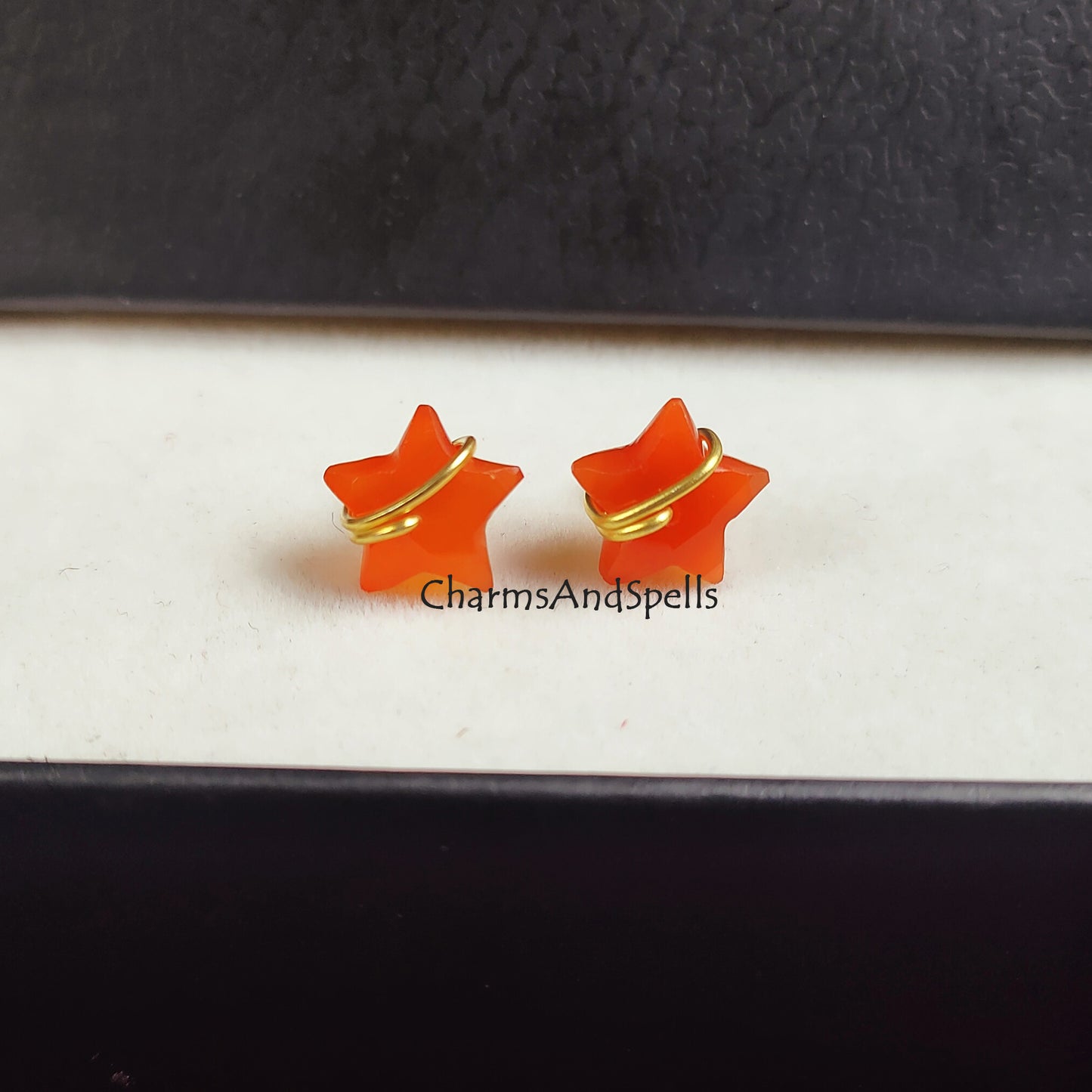 Natural Carnelian Stud, Star Stud Earring, Wire Wrap Carnelian Earrings, Star Shape Earrings, 14K Gold Plated, Orange Studs, July Birthstone