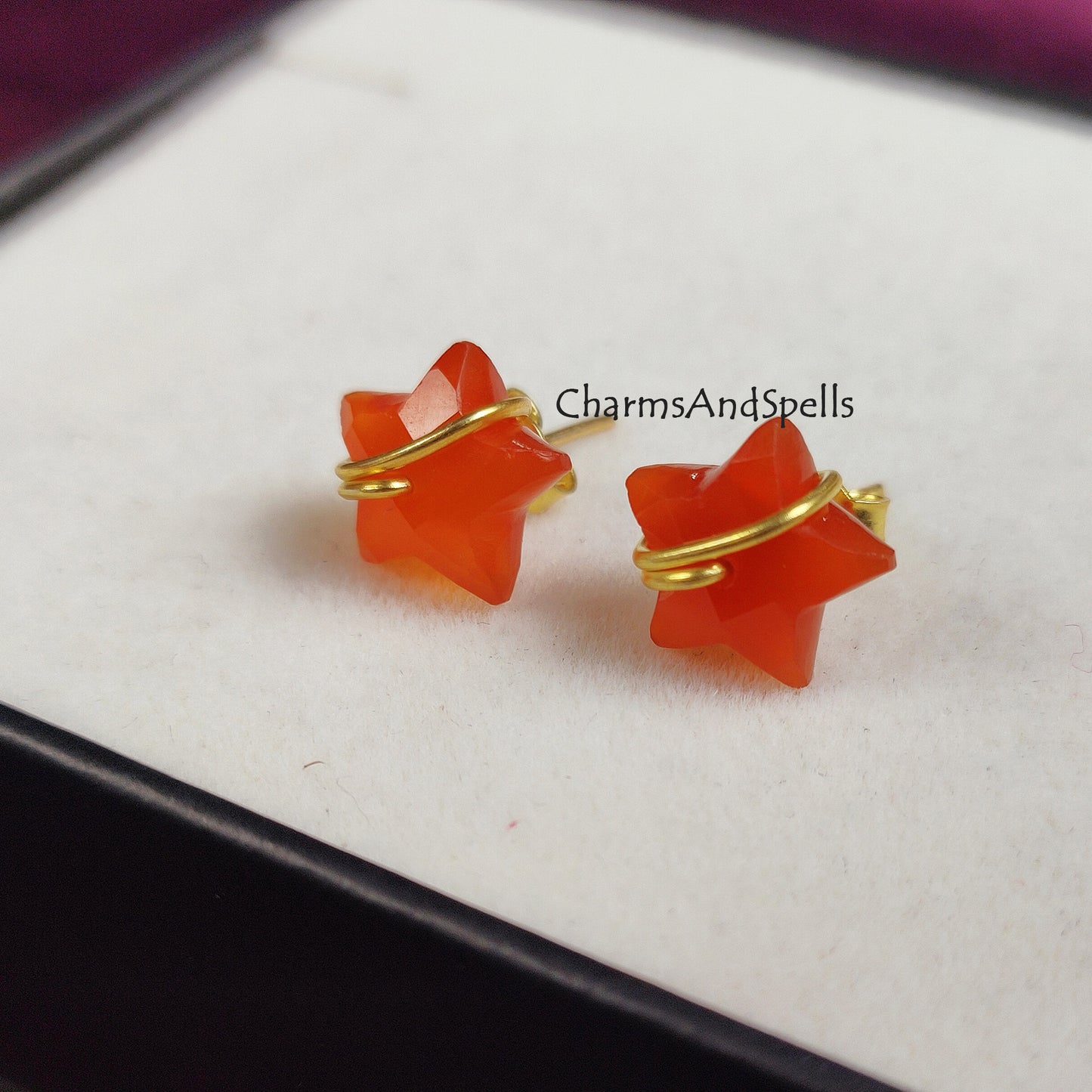 Natural Carnelian Stud, Star Stud Earring, Wire Wrap Carnelian Earrings, Star Shape Earrings, 14K Gold Plated, Orange Studs, July Birthstone