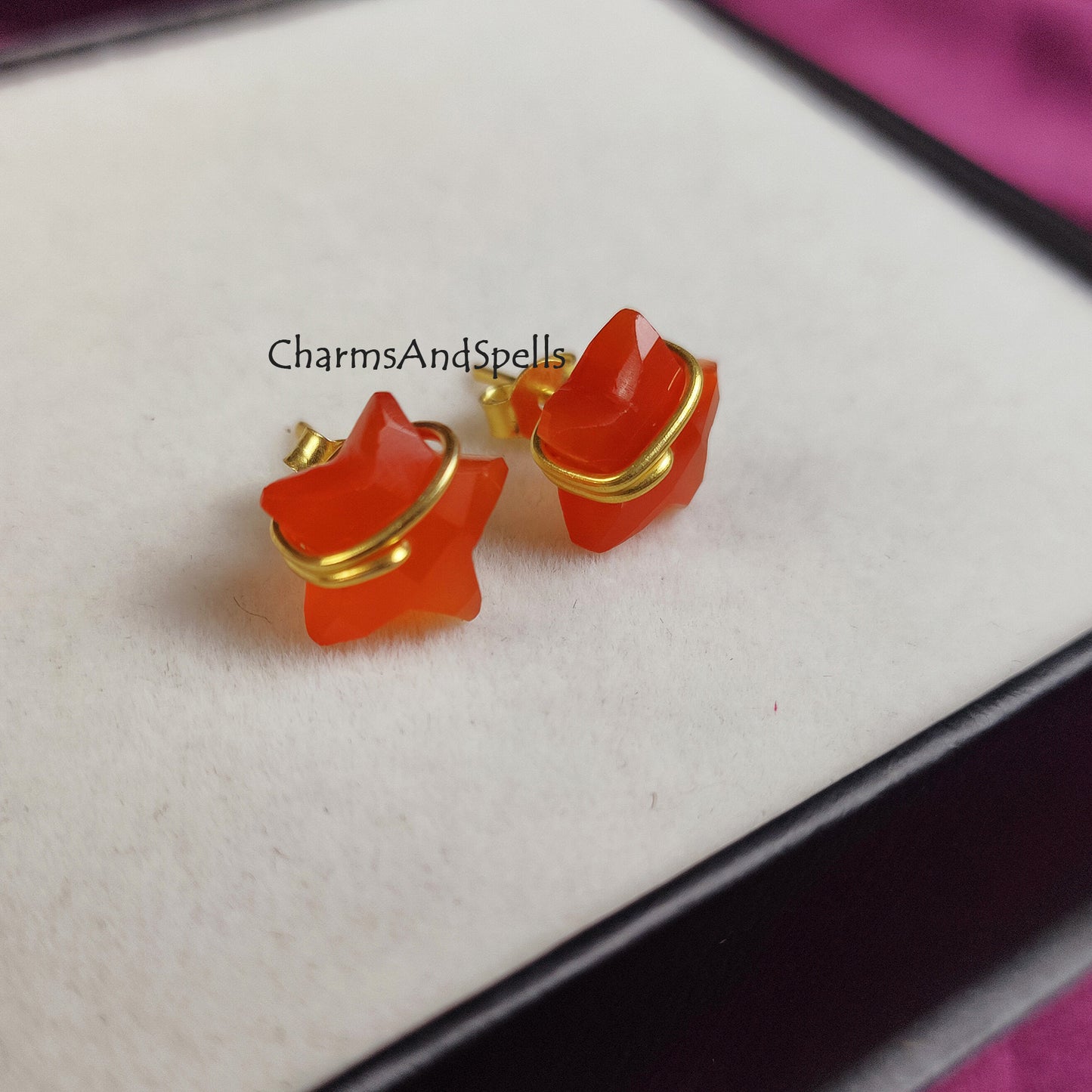 Natural Carnelian Stud, Star Stud Earring, Wire Wrap Carnelian Earrings, Star Shape Earrings, 14K Gold Plated, Orange Studs, July Birthstone