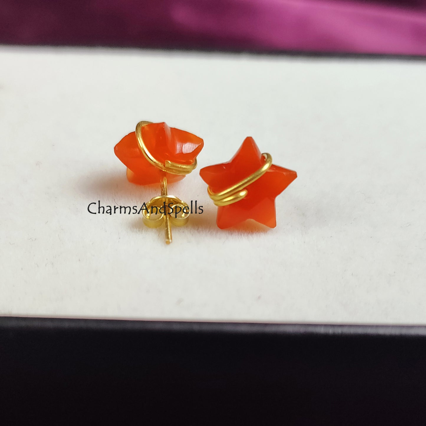 Natural Carnelian Stud, Star Stud Earring, Wire Wrap Carnelian Earrings, Star Shape Earrings, 14K Gold Plated, Orange Studs, July Birthstone