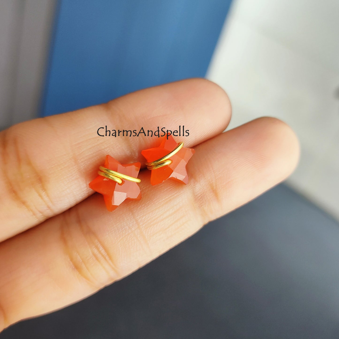 Natural Carnelian Stud, Star Stud Earring, Wire Wrap Carnelian Earrings, Star Shape Earrings, 14K Gold Plated, Orange Studs, July Birthstone