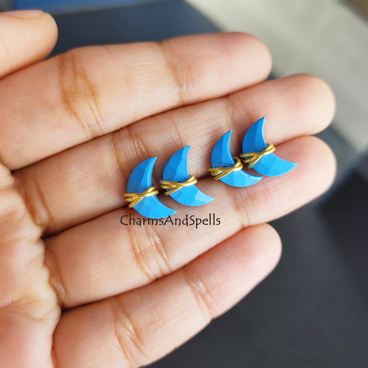 Raw Turquoise Crescent Moon Stud Earrings | Tiny Blue Wire Wrapped Jewelry