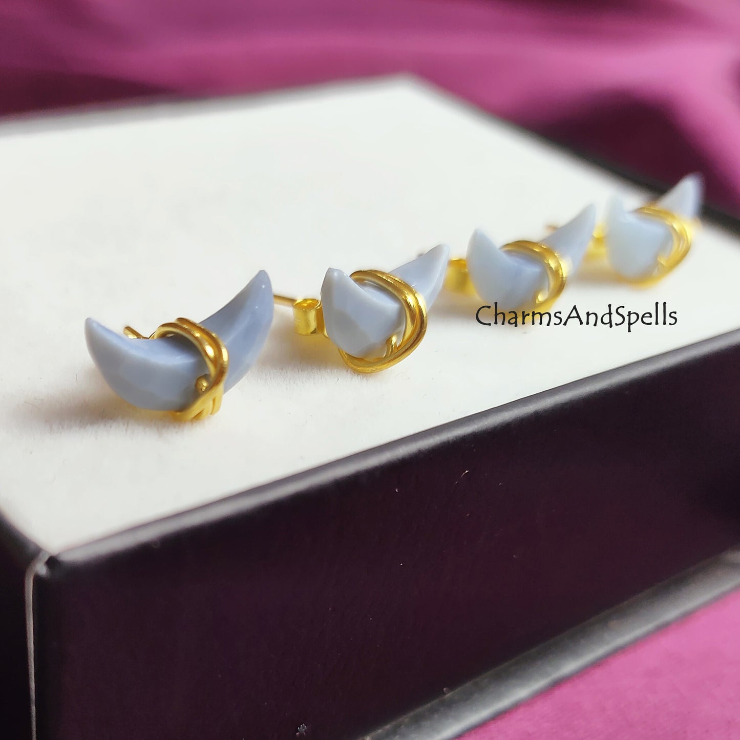 Tiny Natural Blue Opal Crescent Moon Stud Earrings, Half Moon Studs, Crescent Moon Wire Wrapped Stud Earring, Gifts For Woman, Gift Idea