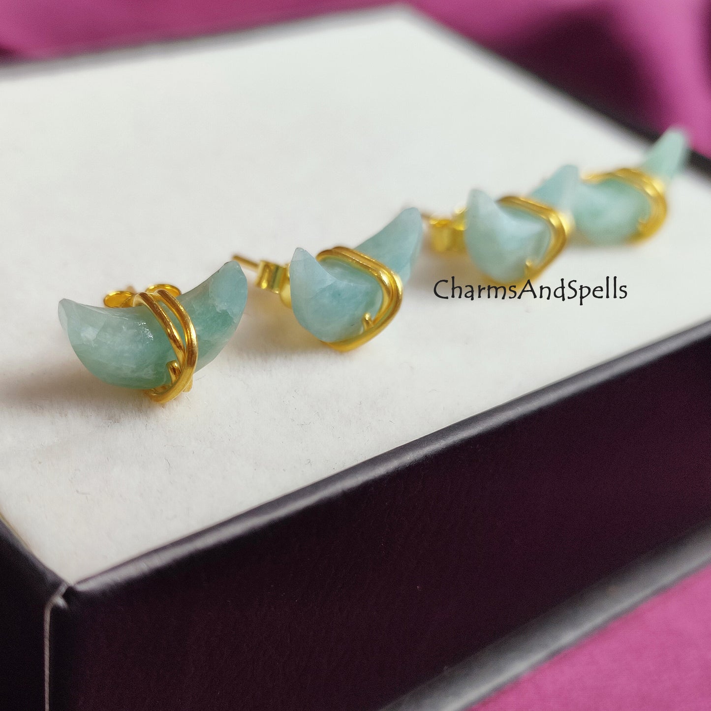 Tiny Natural Amazonite Sea-Green Studs Earrings, Minimalist Studs, 14K Gold Plated Wire Studs, April Birthstone, Crescent Moon Shape Studs