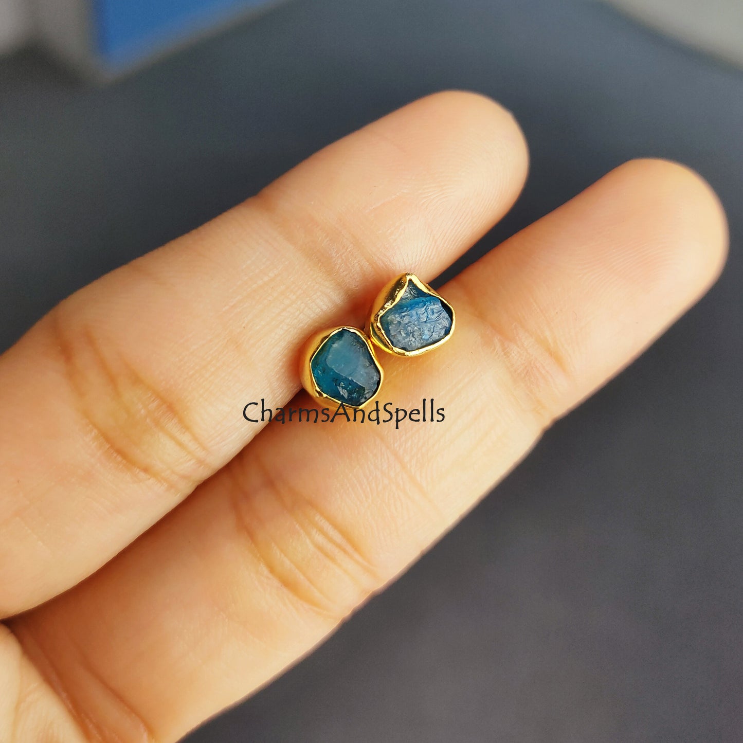 Tiny Raw Neon Apatite Stud Earrings, Natural Gemstone Quartz Crystal Earrings, Birthstone Post Earring Studs, Inspiration Balance Earrings