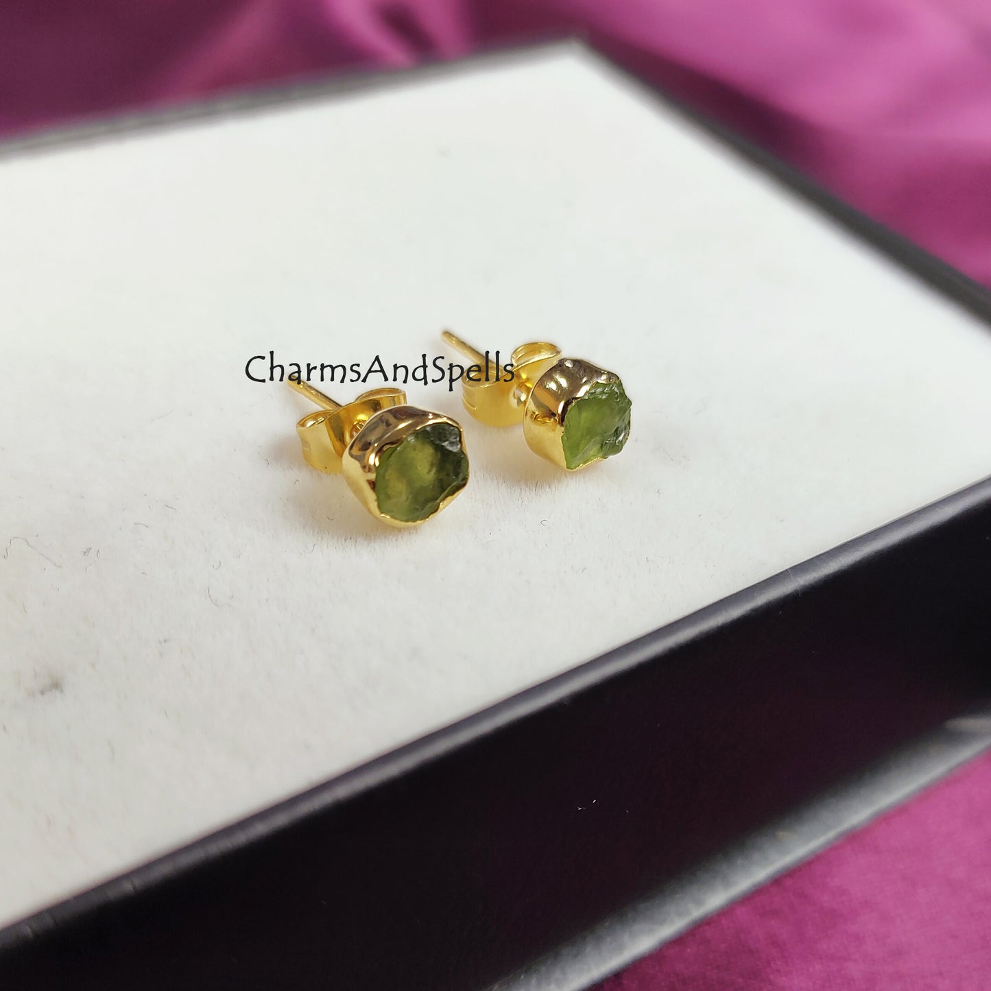 Tiny Raw Peridot Earrings, Gold Plated Earrings, Peridot Jewelry, Raw Crystal Earrings, Stud Earrings, Raw Stone Earring, August Birthstone