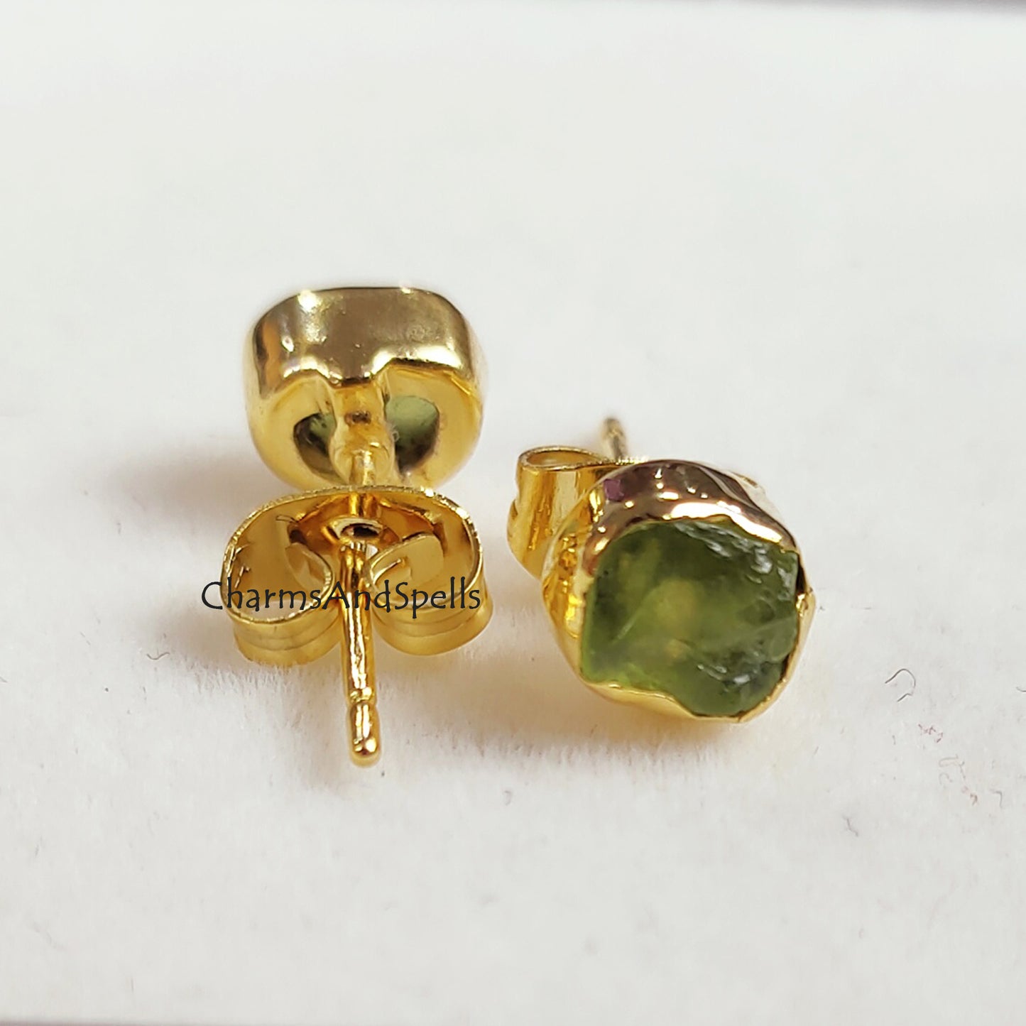 Tiny Raw Peridot Earrings, Gold Plated Earrings, Peridot Jewelry, Raw Crystal Earrings, Stud Earrings, Raw Stone Earring, August Birthstone