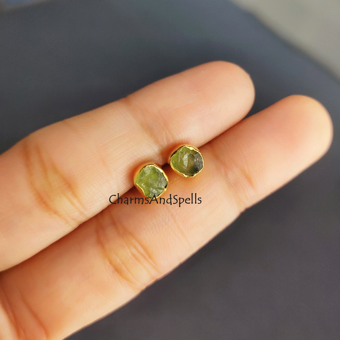 Tiny Raw Peridot Earrings, Gold Plated Earrings, Peridot Jewelry, Raw Crystal Earrings, Stud Earrings, Raw Stone Earring, August Birthstone