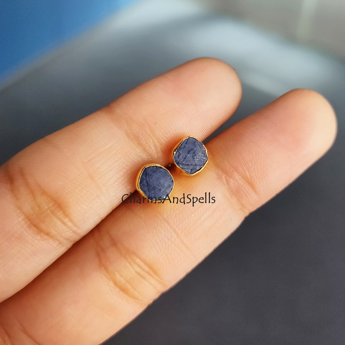 Tiny Raw Sapphire Earrings, Delicate Earrings, September Birthstone, Minimalist Gift for Women, Tiny Stud Earrings, Sapphire Jewelry, Gift