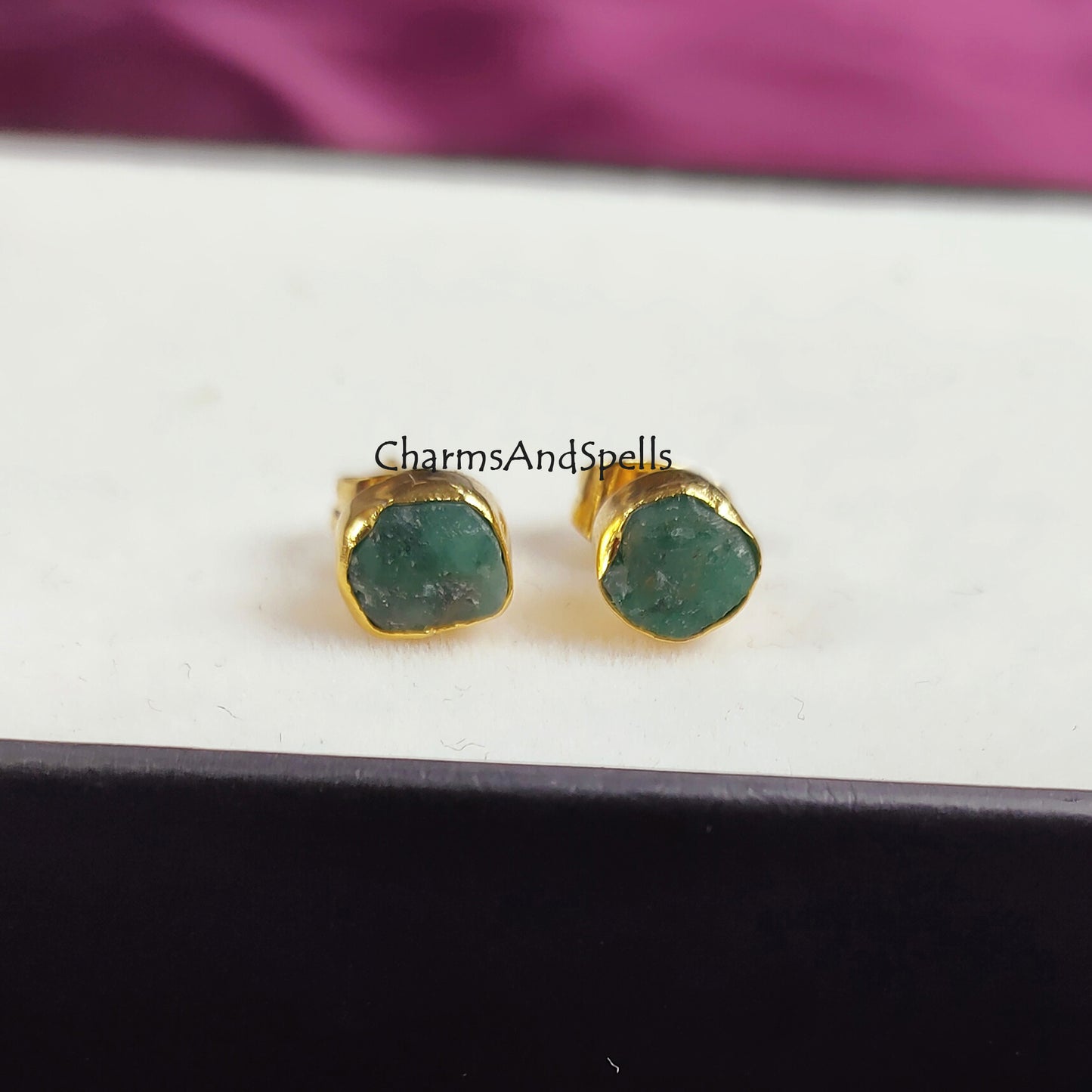 Tiny raw emerald earrings for bridesmaids gift, natural green emerald studs, wedding anniversary gift for her, small emerald stud earring