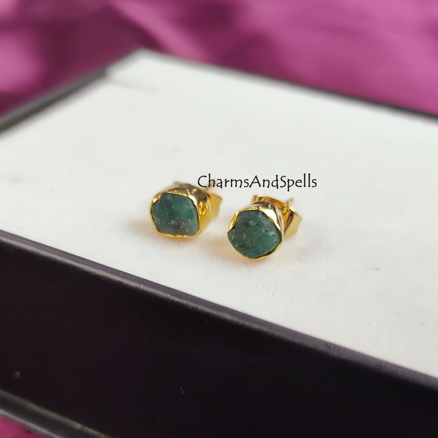 Tiny raw emerald earrings for bridesmaids gift, natural green emerald studs, wedding anniversary gift for her, small emerald stud earring