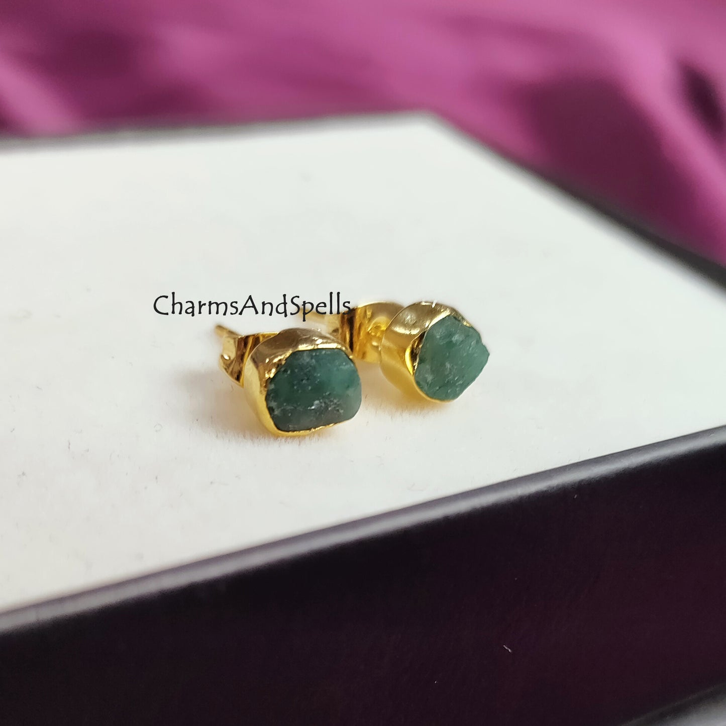 Tiny raw emerald earrings for bridesmaids gift, natural green emerald studs, wedding anniversary gift for her, small emerald stud earring