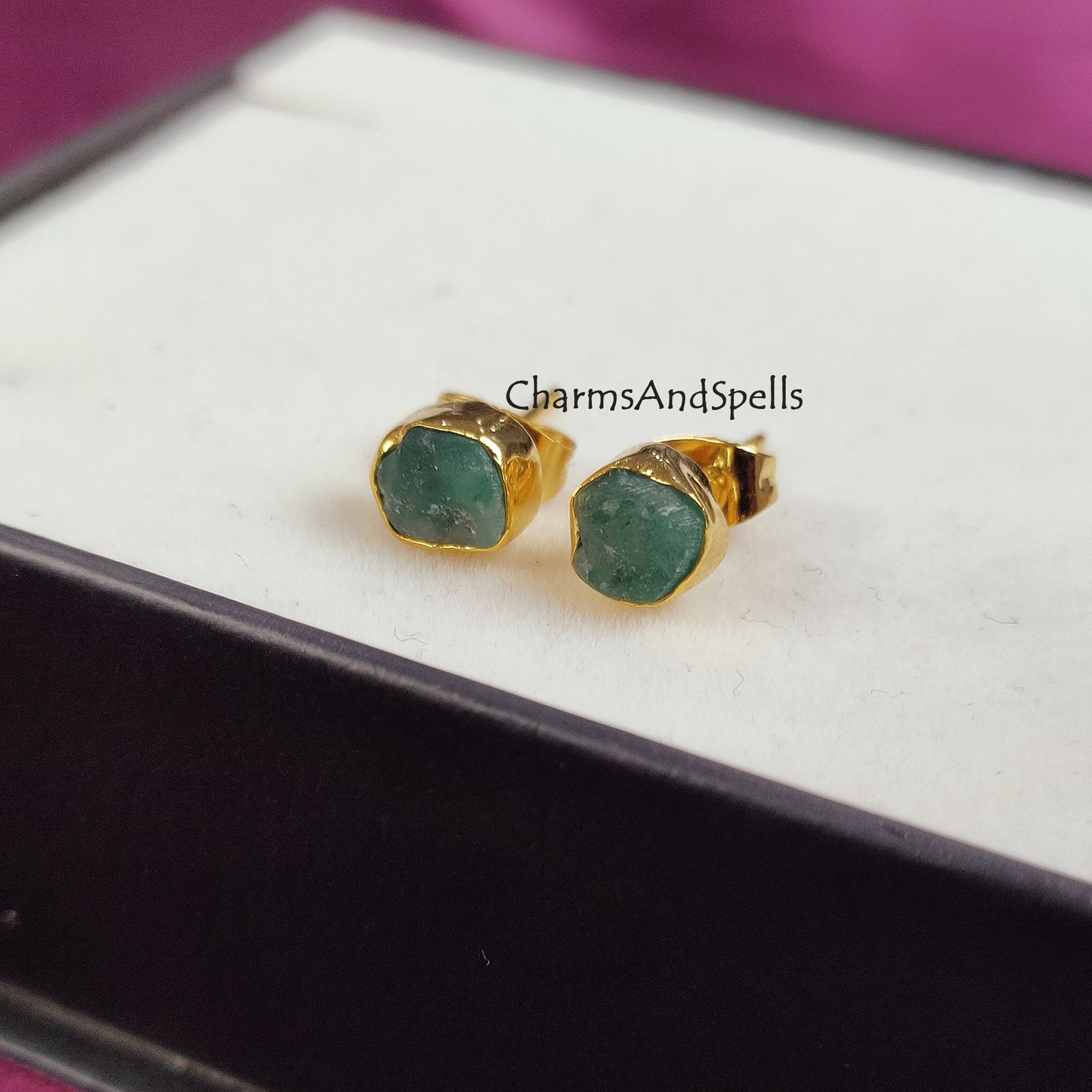 Tiny raw emerald earrings for bridesmaids gift, natural green emerald studs, wedding anniversary gift for her, small emerald stud earring