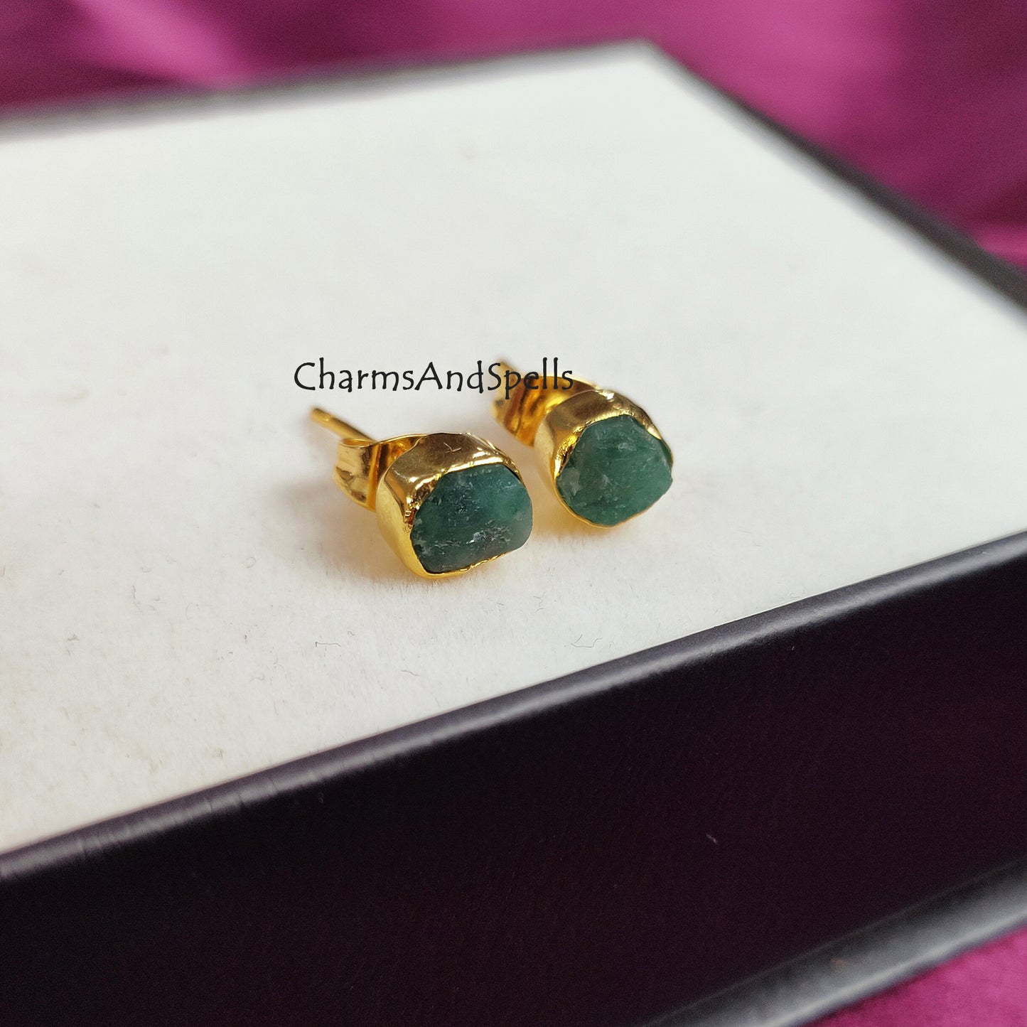 Tiny raw emerald earrings for bridesmaids gift, natural green emerald studs, wedding anniversary gift for her, small emerald stud earring