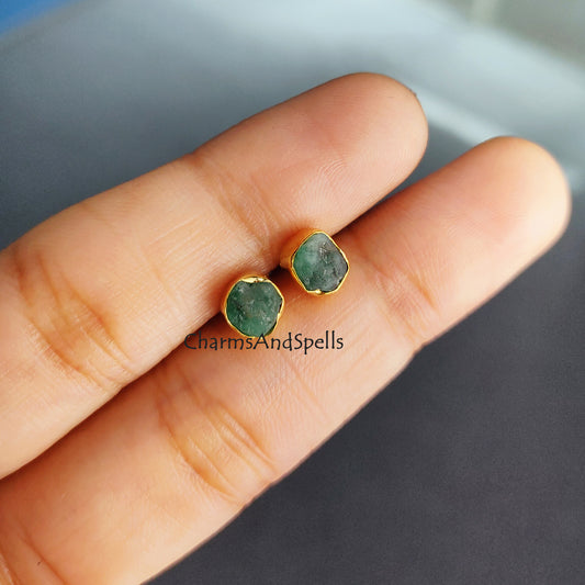 Tiny raw emerald earrings for bridesmaids gift, natural green emerald studs, wedding anniversary gift for her, small emerald stud earring