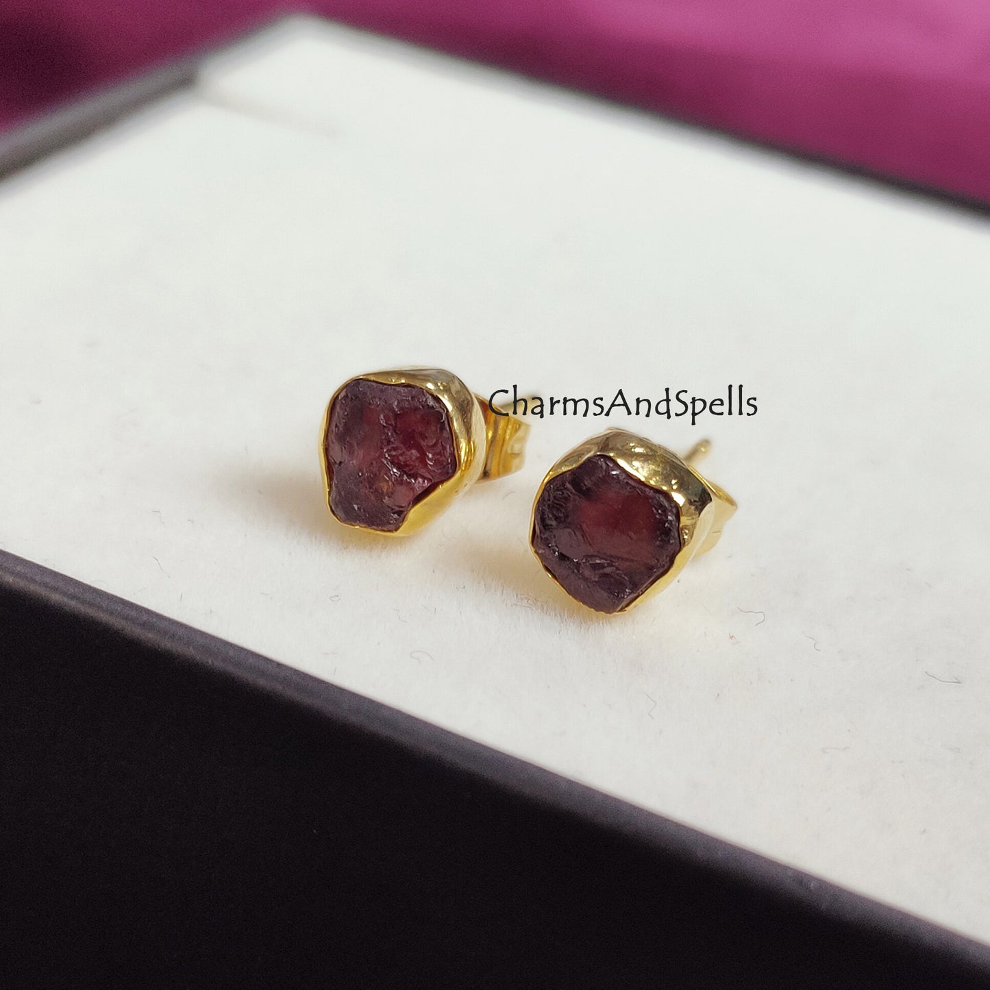 Tiny Raw Garnet Earrings, January Birthstone Earrings, Rough Garnet Stud Earrings, Raw Crystal Studs, Birthstone Gift, Raw Stone Earrings