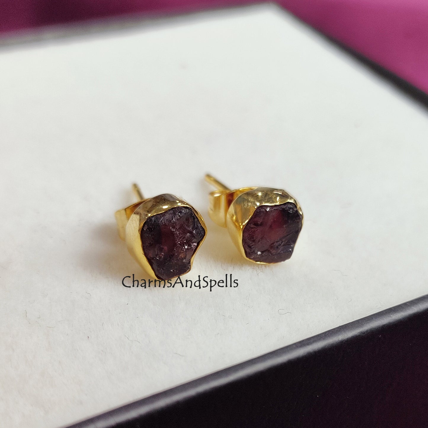 Tiny Raw Garnet Earrings, January Birthstone Earrings, Rough Garnet Stud Earrings, Raw Crystal Studs, Birthstone Gift, Raw Stone Earrings