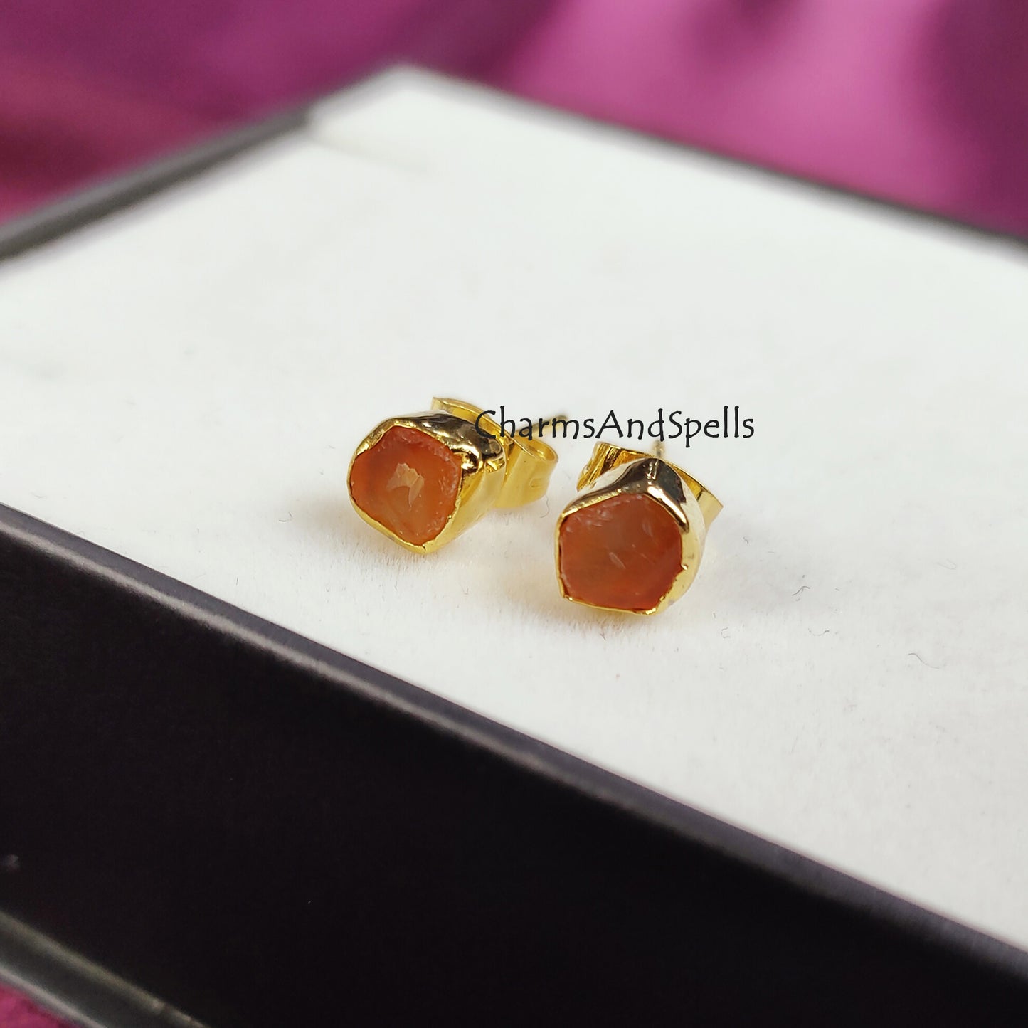 Tiny Raw Carnelian Gemstone Earrings, Carnelian Stud Earrings, Carnelian Jewelry, Healing Crystal Orange Crystal Earrings, July Birthstone