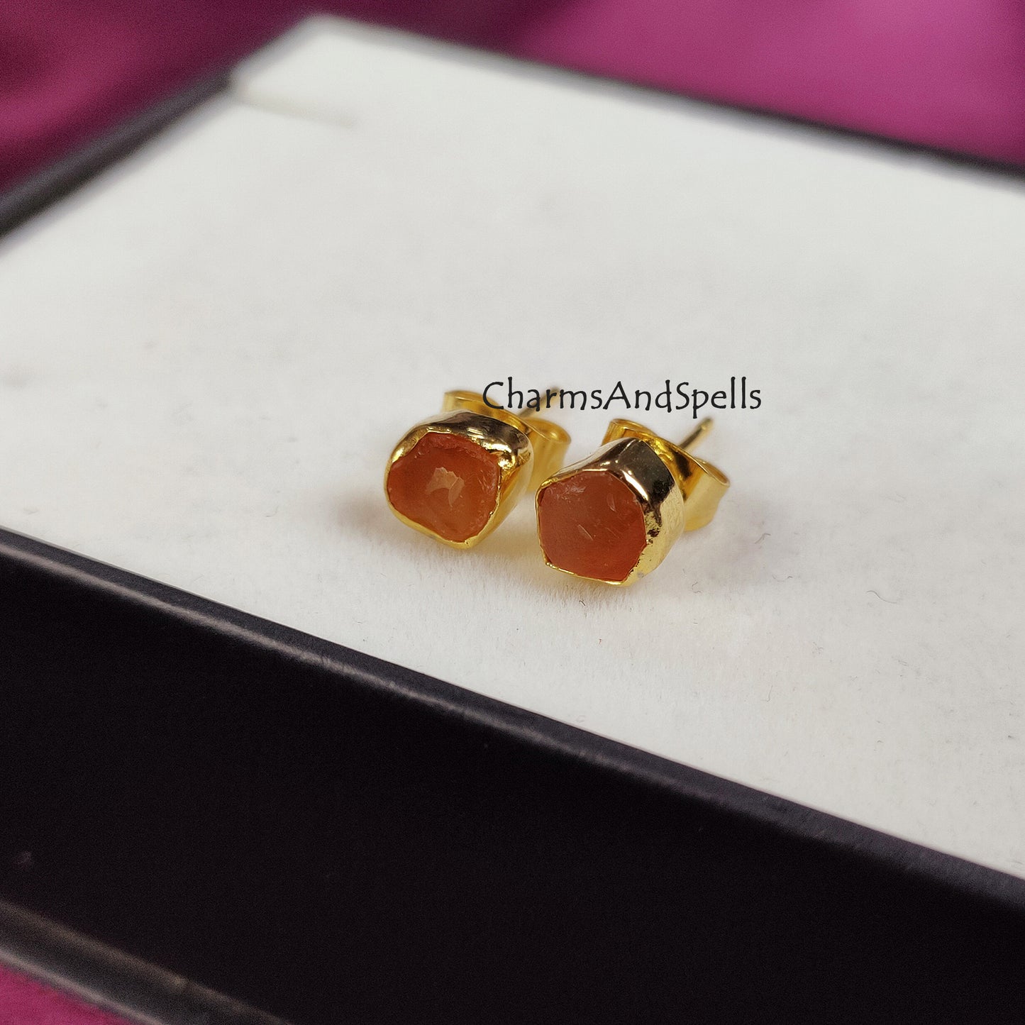 Tiny Raw Carnelian Gemstone Earrings, Carnelian Stud Earrings, Carnelian Jewelry, Healing Crystal Orange Crystal Earrings, July Birthstone