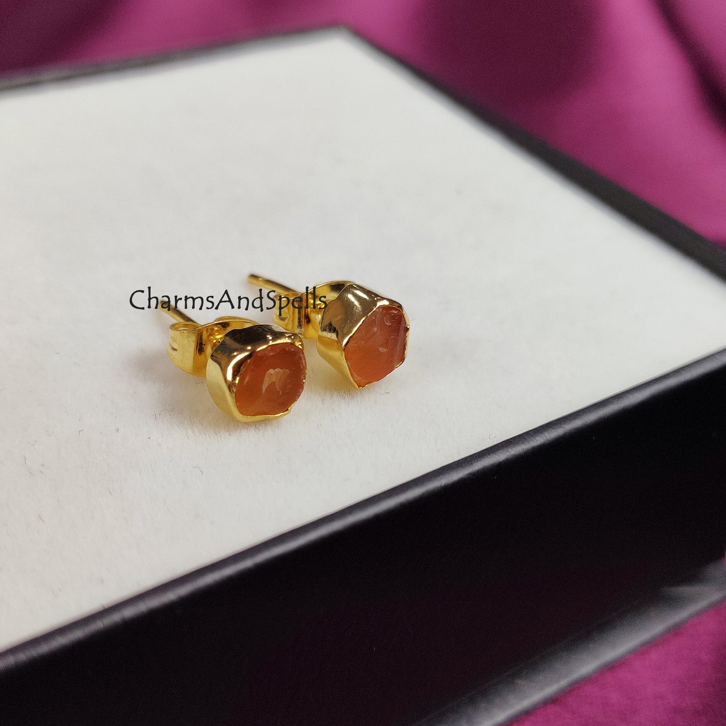 Tiny Raw Carnelian Gemstone Earrings, Carnelian Stud Earrings, Carnelian Jewelry, Healing Crystal Orange Crystal Earrings, July Birthstone