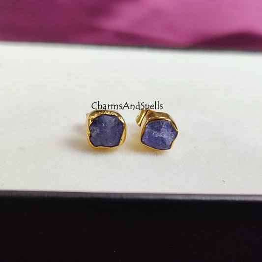 Tiny Rough Tanzanite Earrings, Natural Tanzanite Stud Earrings, Raw Gemstone Earrings, December Birthstone Gift, Minimalist Crystal Studs