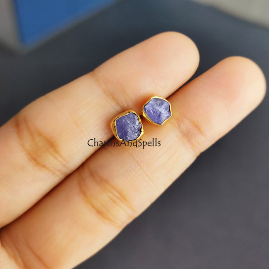 Tiny Rough Tanzanite Earrings, Natural Tanzanite Stud Earrings, Raw Gemstone Earrings, December Birthstone Gift, Minimalist Crystal Studs