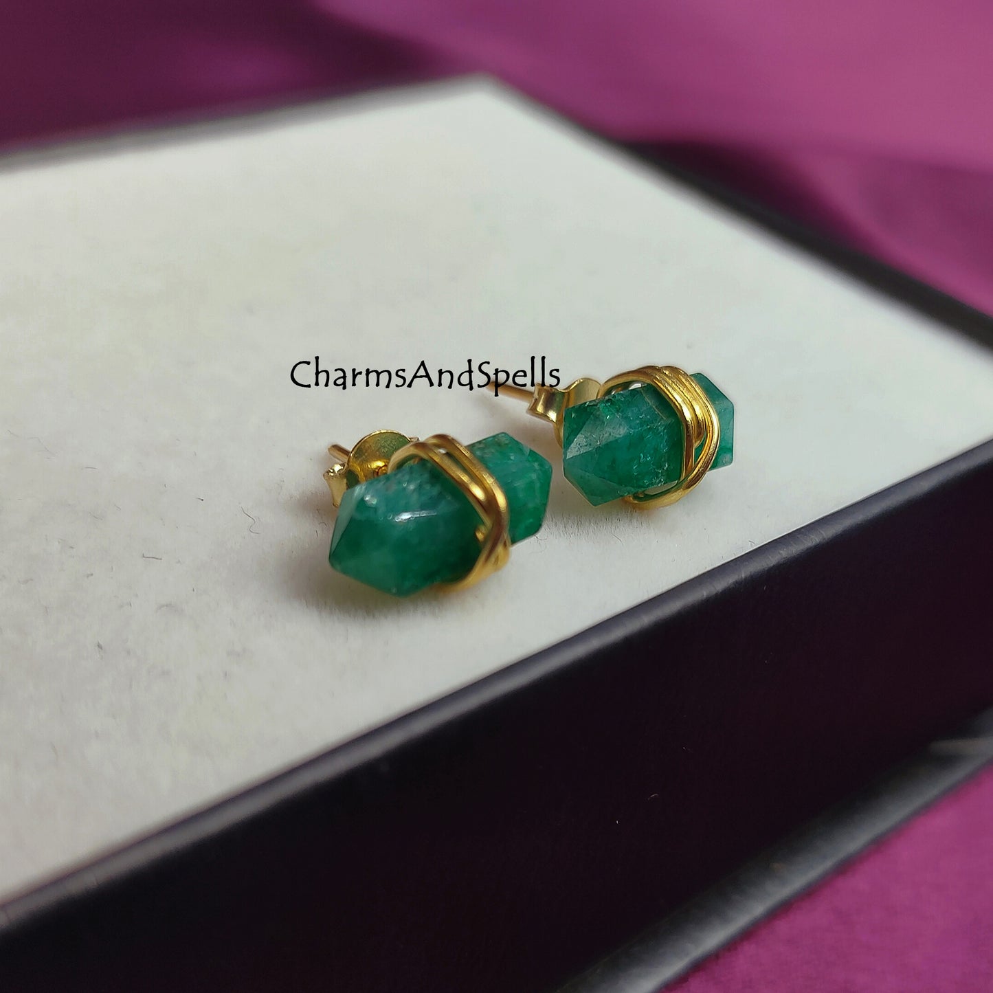 Emerald Pencil Earring Studs, Earrings for Women, Green Gemstone Earrings, Dainty Emerald Gemstone Earrings, May Birthstone, Gift For Her