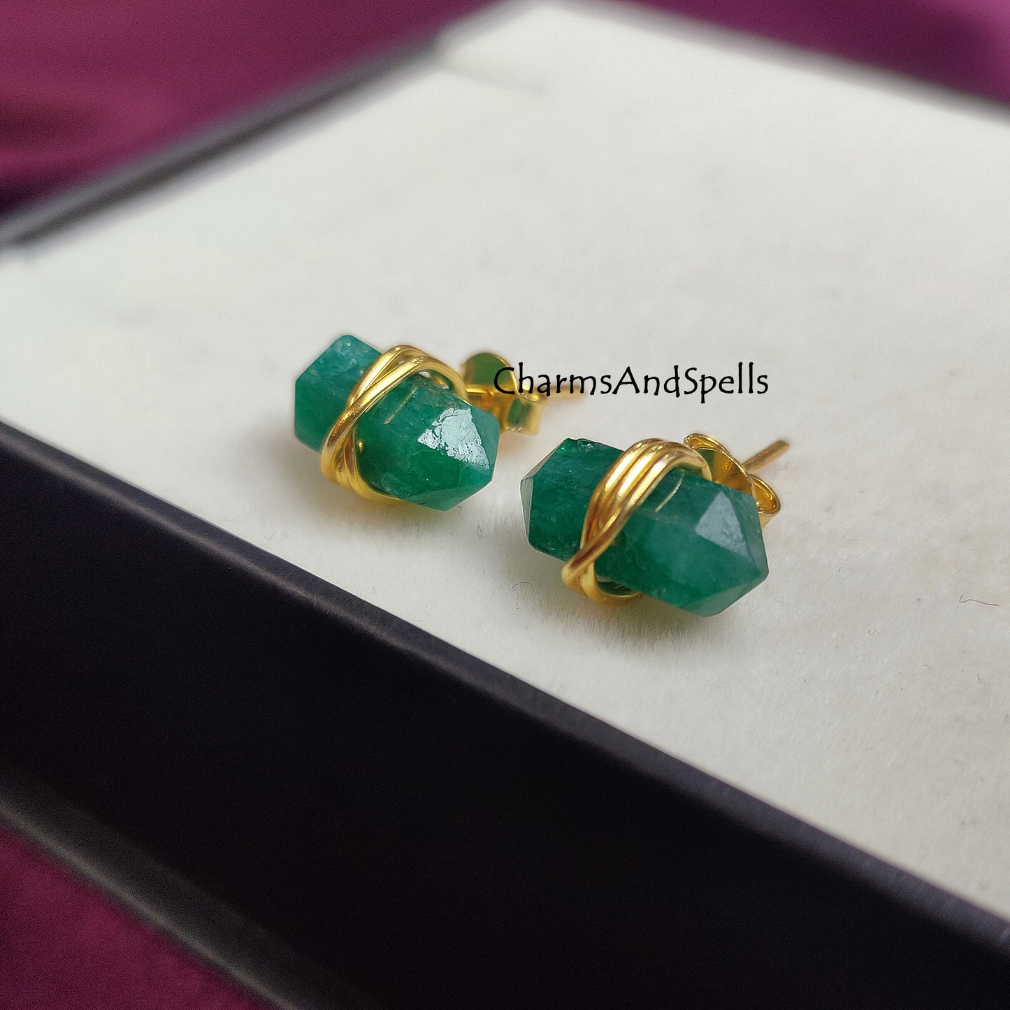 Emerald Pencil Earring Studs, Earrings for Women, Green Gemstone Earrings, Dainty Emerald Gemstone Earrings, May Birthstone, Gift For Her