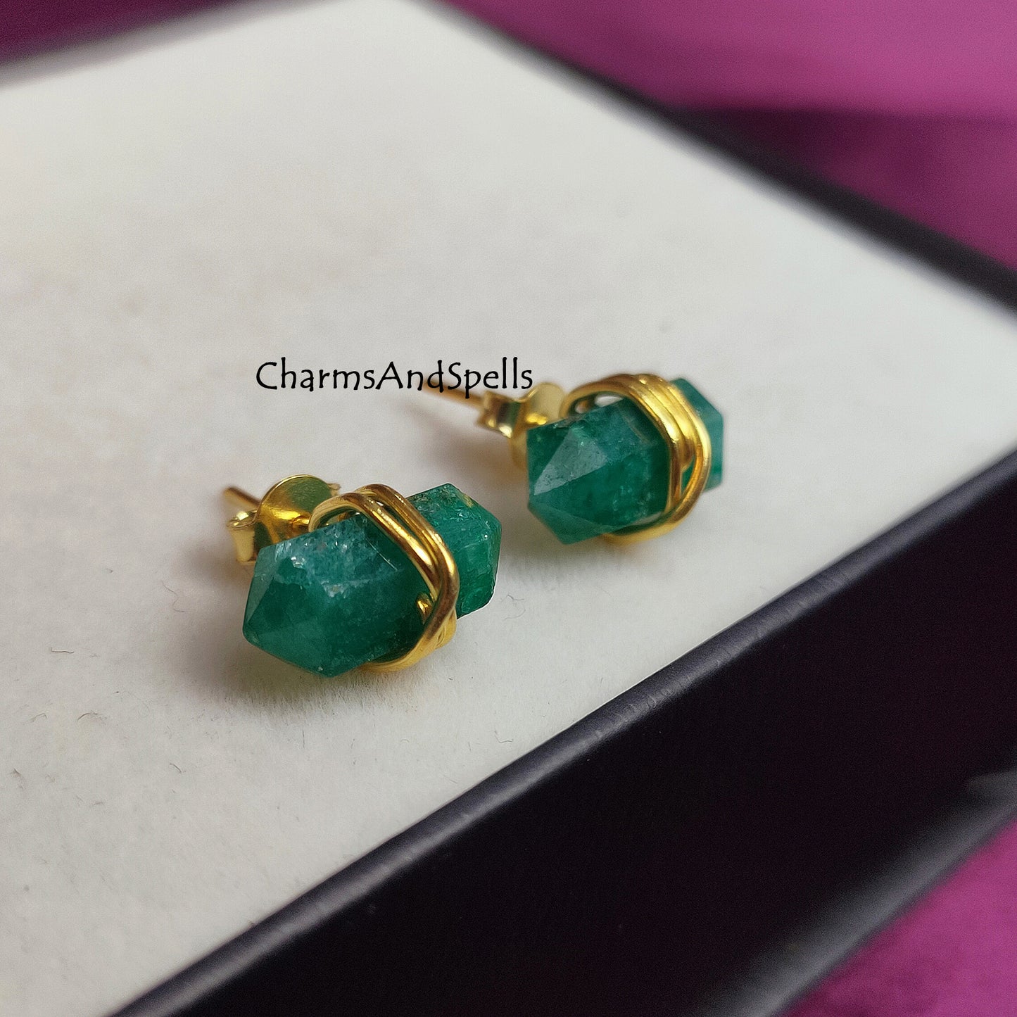 Emerald Pencil Earring Studs, Earrings for Women, Green Gemstone Earrings, Dainty Emerald Gemstone Earrings, May Birthstone, Gift For Her