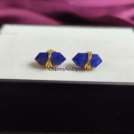 Sapphire Pencil Stud, Sapphire Gemstone Studs, Blue Stone Studs, Double Point Sapphire Studs, Wire Wrap Jewelry, Gift For Mother, Birthstone