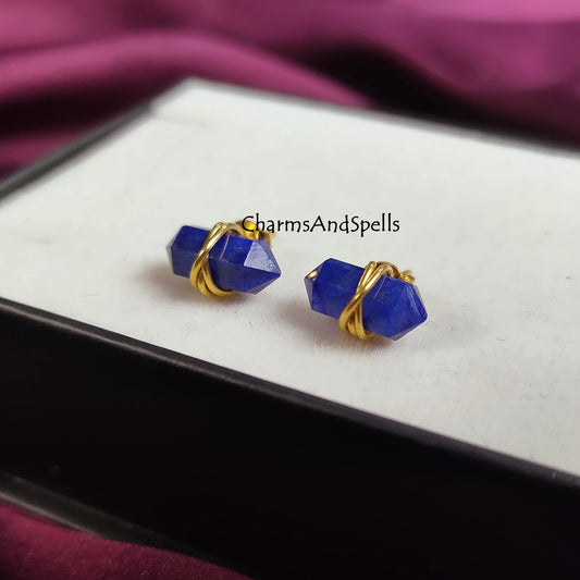 Sapphire Pencil Stud, Sapphire Gemstone Studs, Blue Stone Studs, Double Point Sapphire Studs, Wire Wrap Jewelry, Gift For Mother, Birthstone