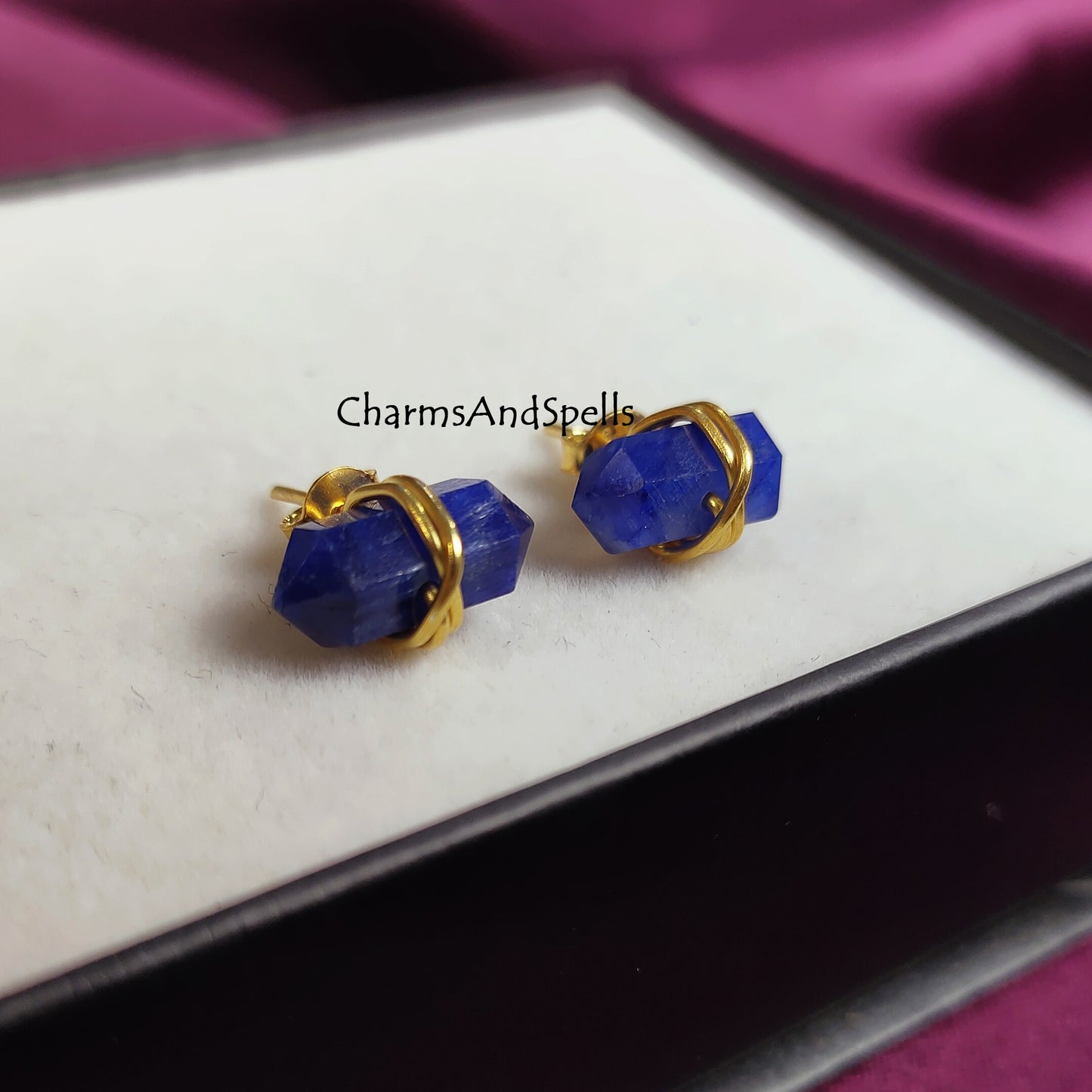 Sapphire Pencil Stud, Sapphire Gemstone Studs, Blue Stone Studs, Double Point Sapphire Studs, Wire Wrap Jewelry, Gift For Mother, Birthstone