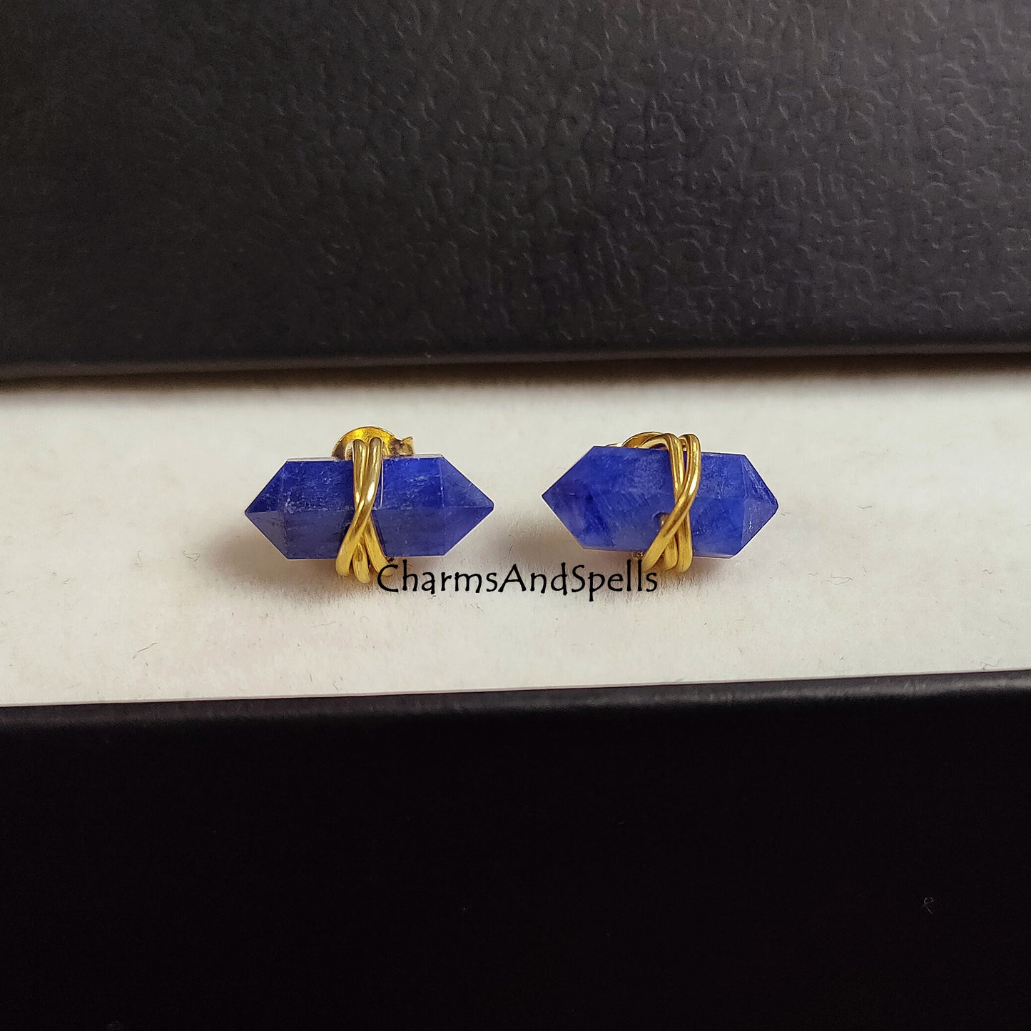 Sapphire Pencil Stud, Sapphire Gemstone Studs, Blue Stone Studs, Double Point Sapphire Studs, Wire Wrap Jewelry, Gift For Mother, Birthstone