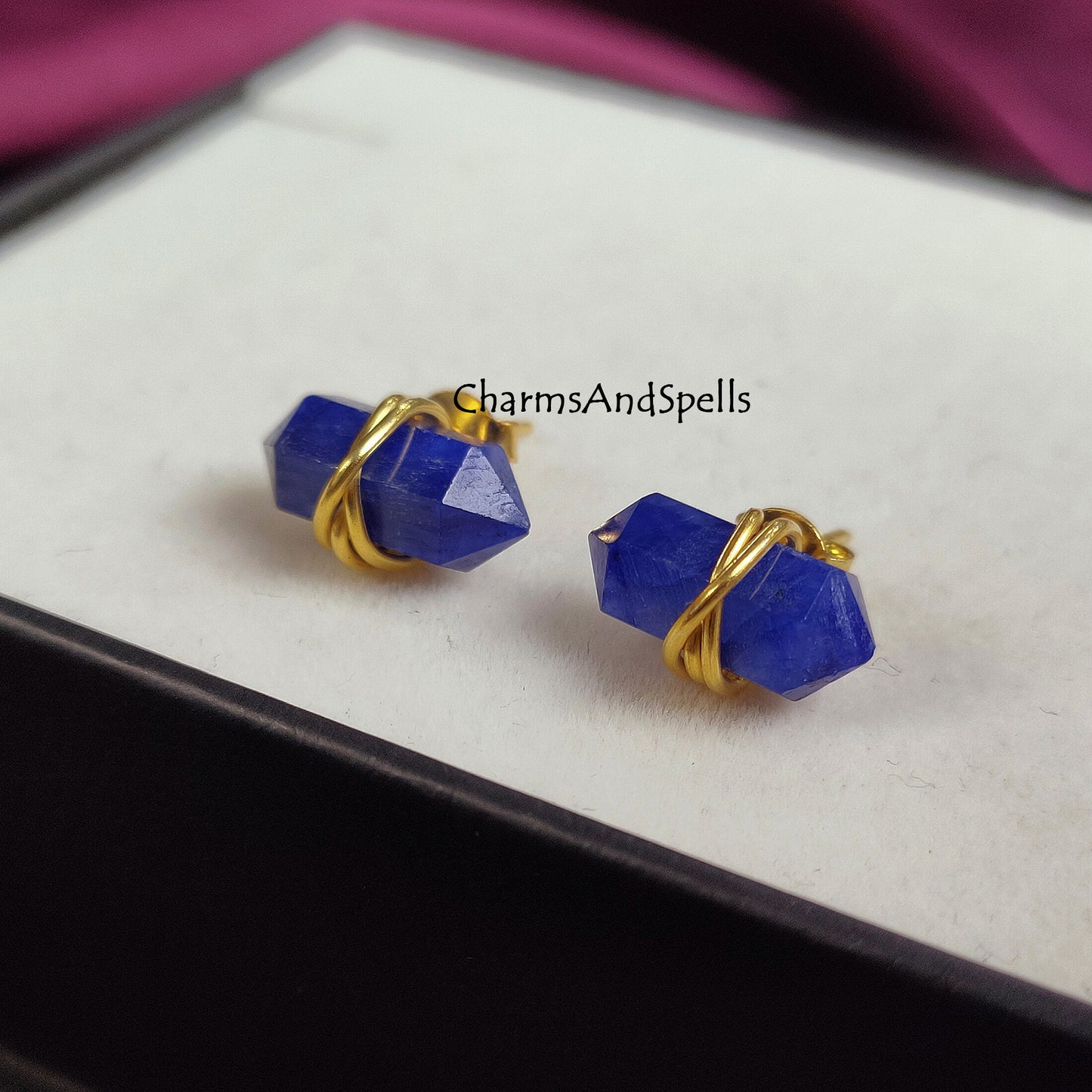 Sapphire Pencil Stud, Sapphire Gemstone Studs, Blue Stone Studs, Double Point Sapphire Studs, Wire Wrap Jewelry, Gift For Mother, Birthstone