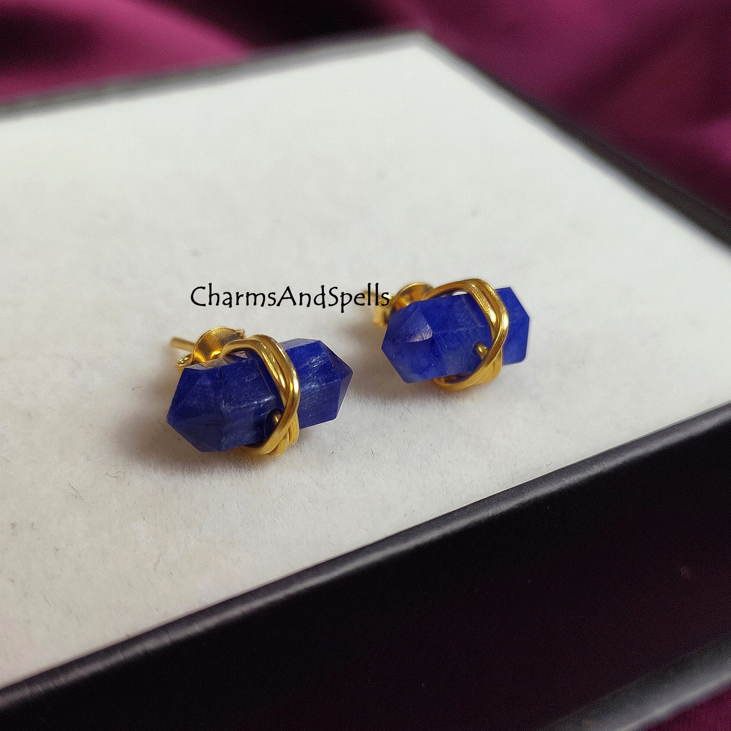 Sapphire Pencil Stud, Sapphire Gemstone Studs, Blue Stone Studs, Double Point Sapphire Studs, Wire Wrap Jewelry, Gift For Mother, Birthstone