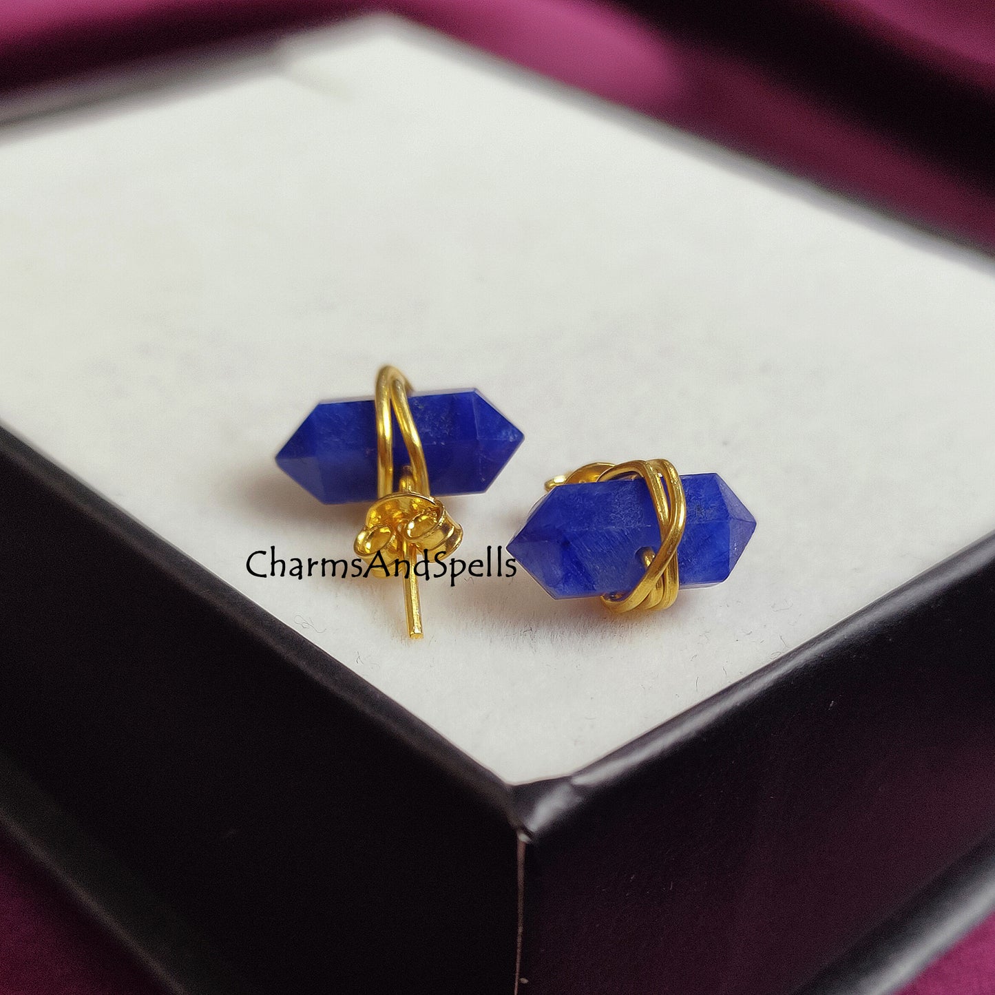 Sapphire Pencil Stud, Sapphire Gemstone Studs, Blue Stone Studs, Double Point Sapphire Studs, Wire Wrap Jewelry, Gift For Mother, Birthstone