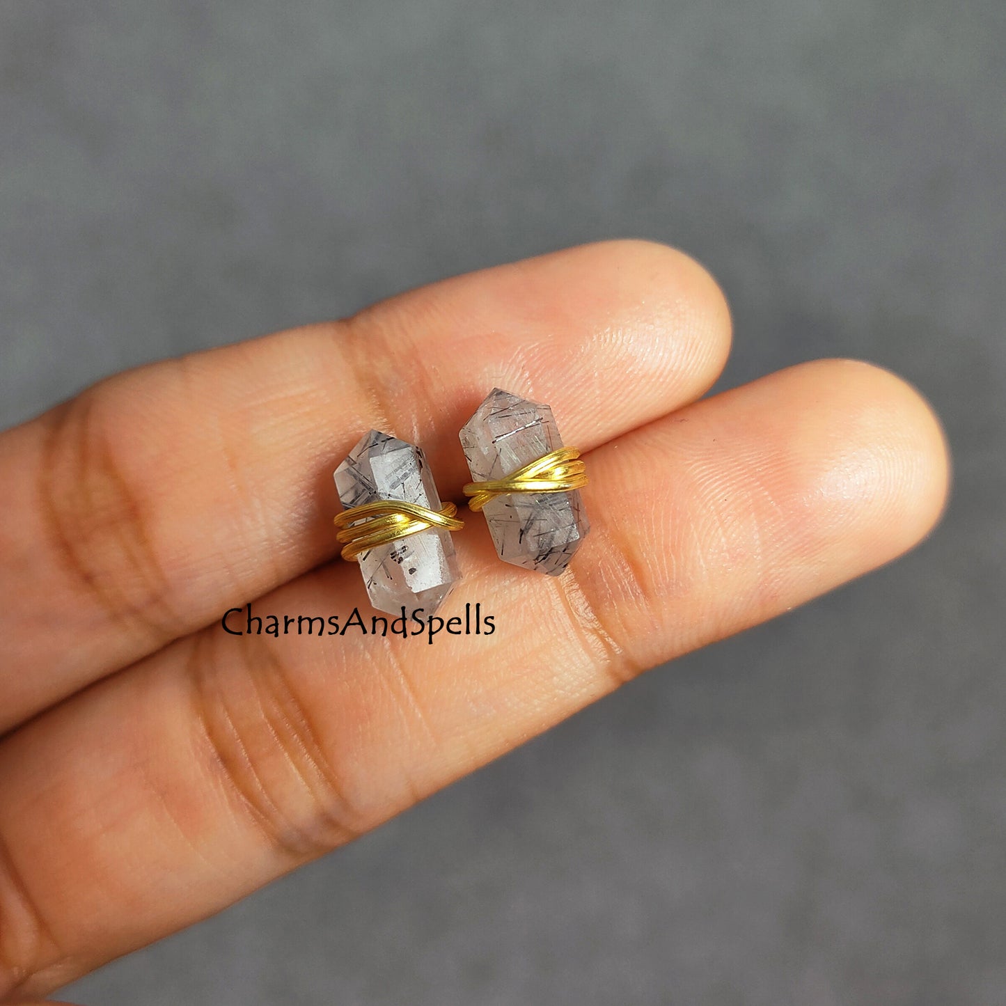 Natural Black Rutile Pencil Point Stud earrings, Black Stone Earrings, Ethnic Stud Earrings, Rutile Stud Earrings, Gemstone Studs, Gift